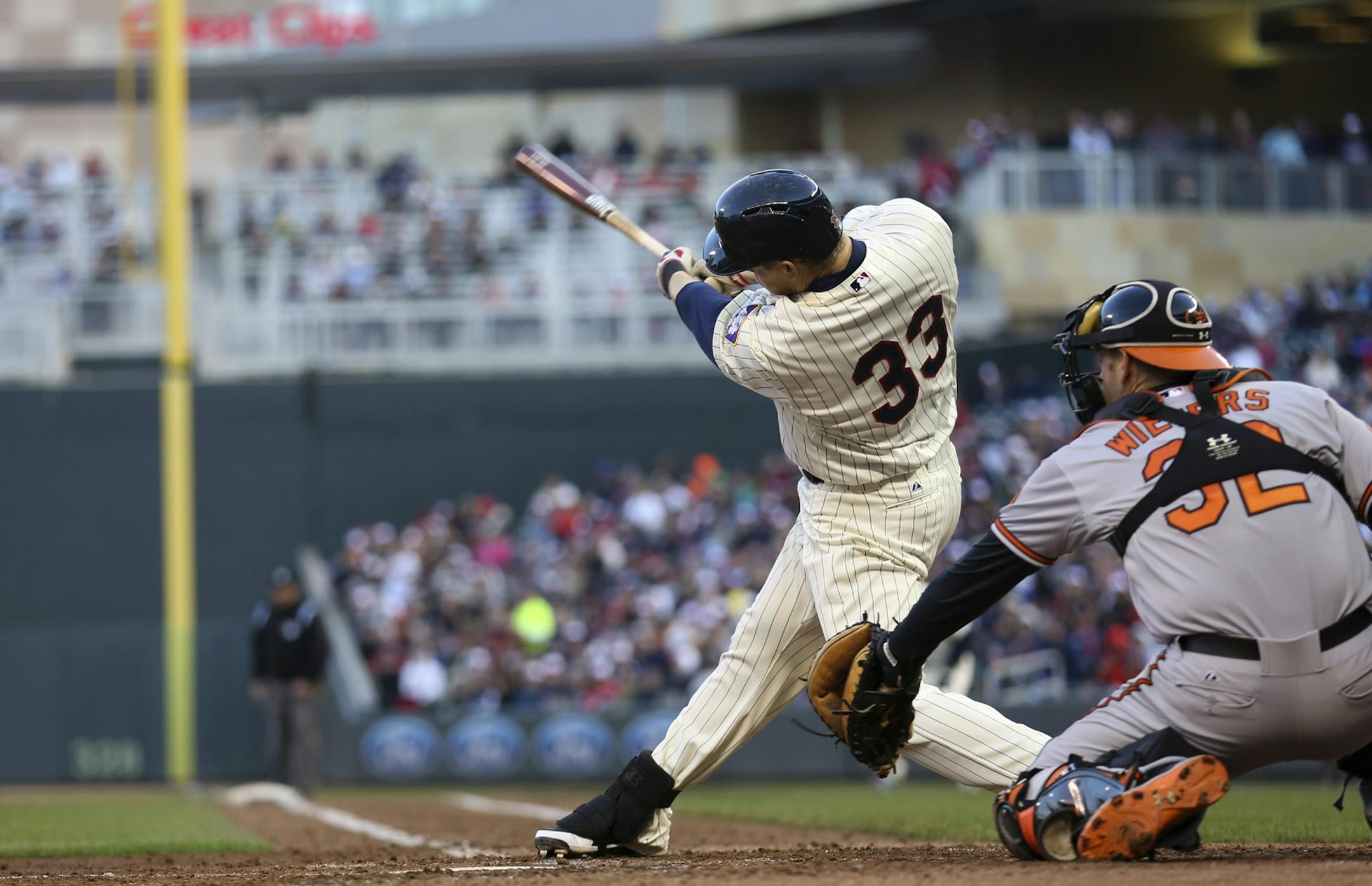 Twins Justin Morneau hit a single scoring Brian Dozier and Joe Mauer in the fourth inning at Target Field in Minneapolis, Min., Saturday, May 11, 2013.