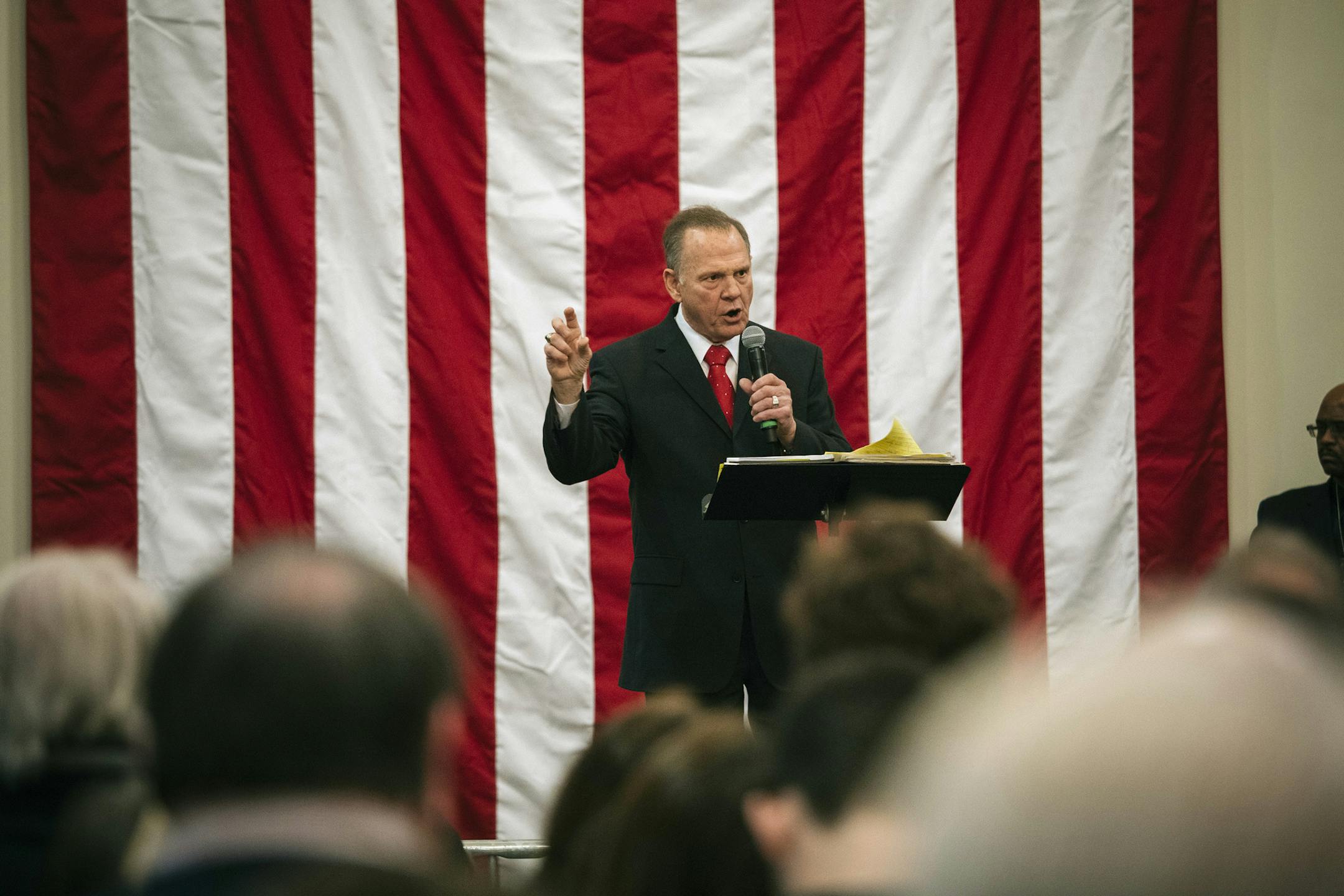 Roy Moore speaks at a campaign rally in Midland City, Ala., on Monday night, Dec. 11, 2017. Alabama voters went to the polls Tuesday, Dec. 12, to decide between Moore, a Republican, and Doug Jones, a Democrat, in a special Senate election that is destined to be remembered as one of the strangest and ugliest campaigns ever held in a state not lacking in unsightly politics. (Audra Melton/The New York Times)
