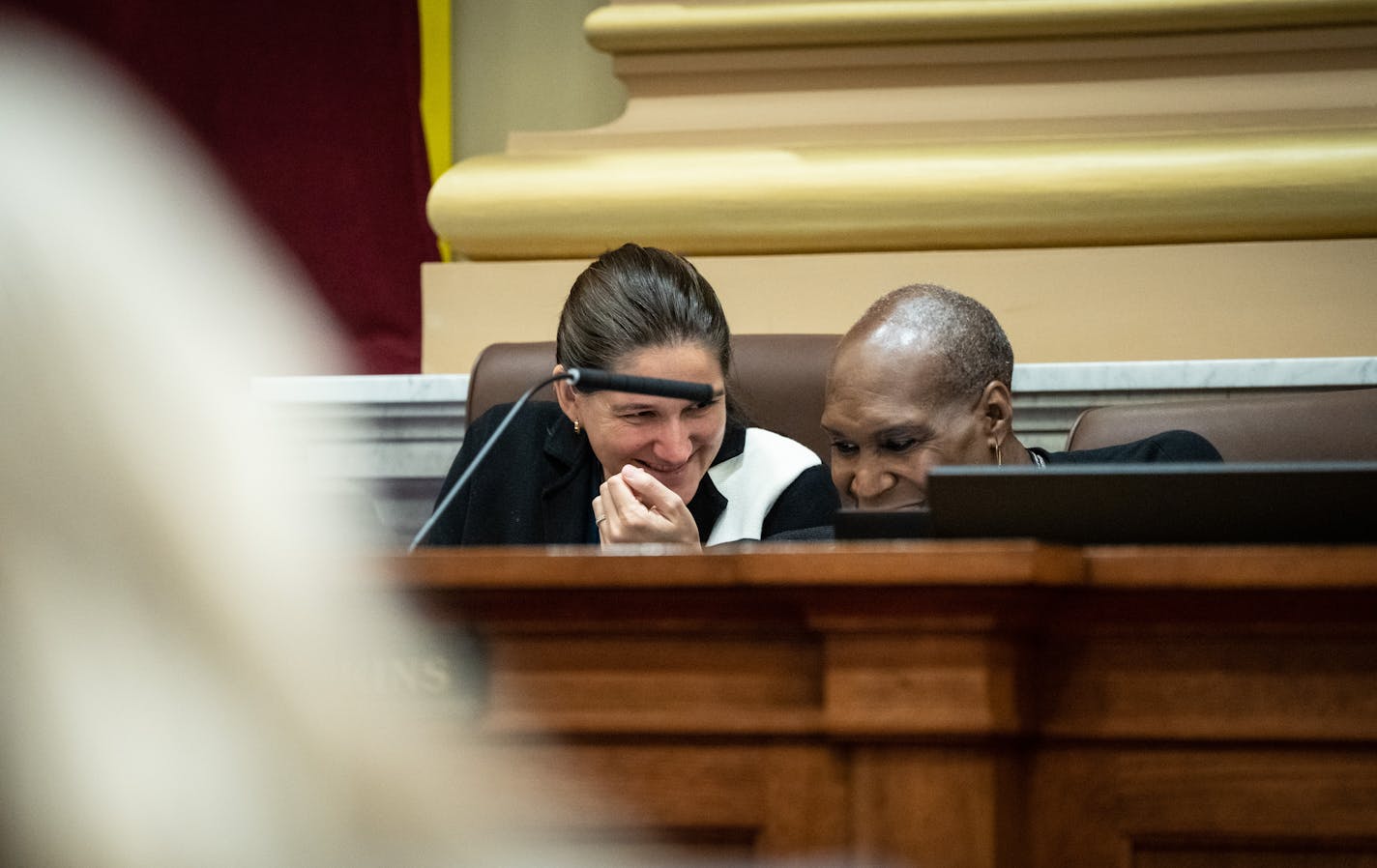 Council Member Linea Palmisano, left, and President Andrea Jenkins shown in August during Mayor Jacob Frey's 2023 budget address.