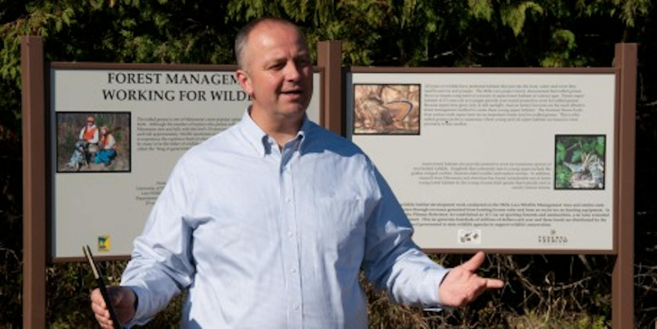 DNR Commissioner Mark Holsten at the new ruffed grouse kiosk at the Mille Lacs Wildlife Management Area near Onamia, Minn.