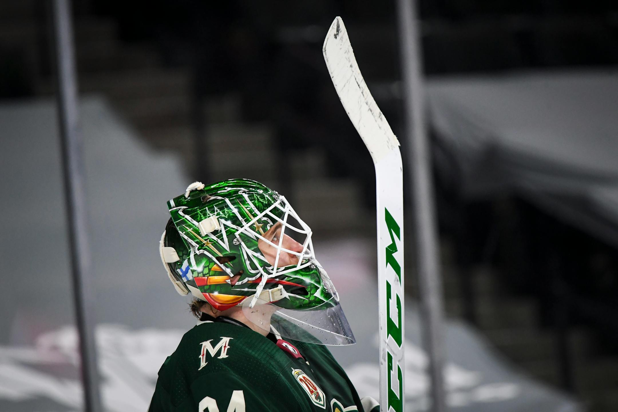 Minnesota Wild goaltender Kaapo Kahkonen (34) looked on during a break in the second period against the Vegas Golden Knights.