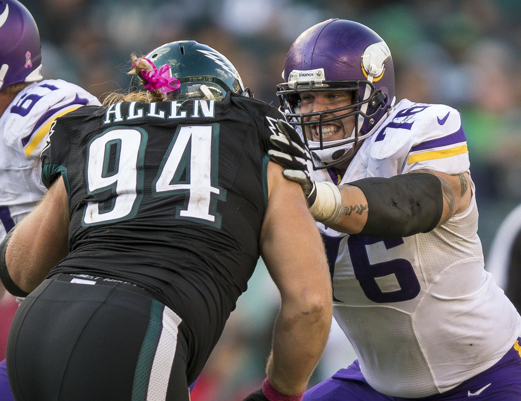Minnesota Vikings guard Alex Boone (76) blocks against the Philadelphia Eagles, Sunday October 23, 2016 Philadelphia. The Eagles defeated the Vikings 21-10. (Al Tielemans via AP Images) ORG XMIT: NYWWP