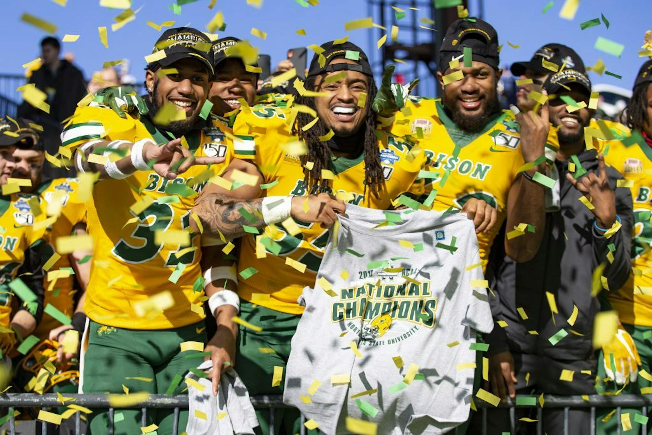 North Dakota State linebackers Jasir Cox (31), Aaron Mercadel (55), and Jabril Cox (42) celebrate after beating James Madison 28-20 in FCS championship NCAA college football game, Saturday, Jan. 11, 2020, in Frisco, Texas.