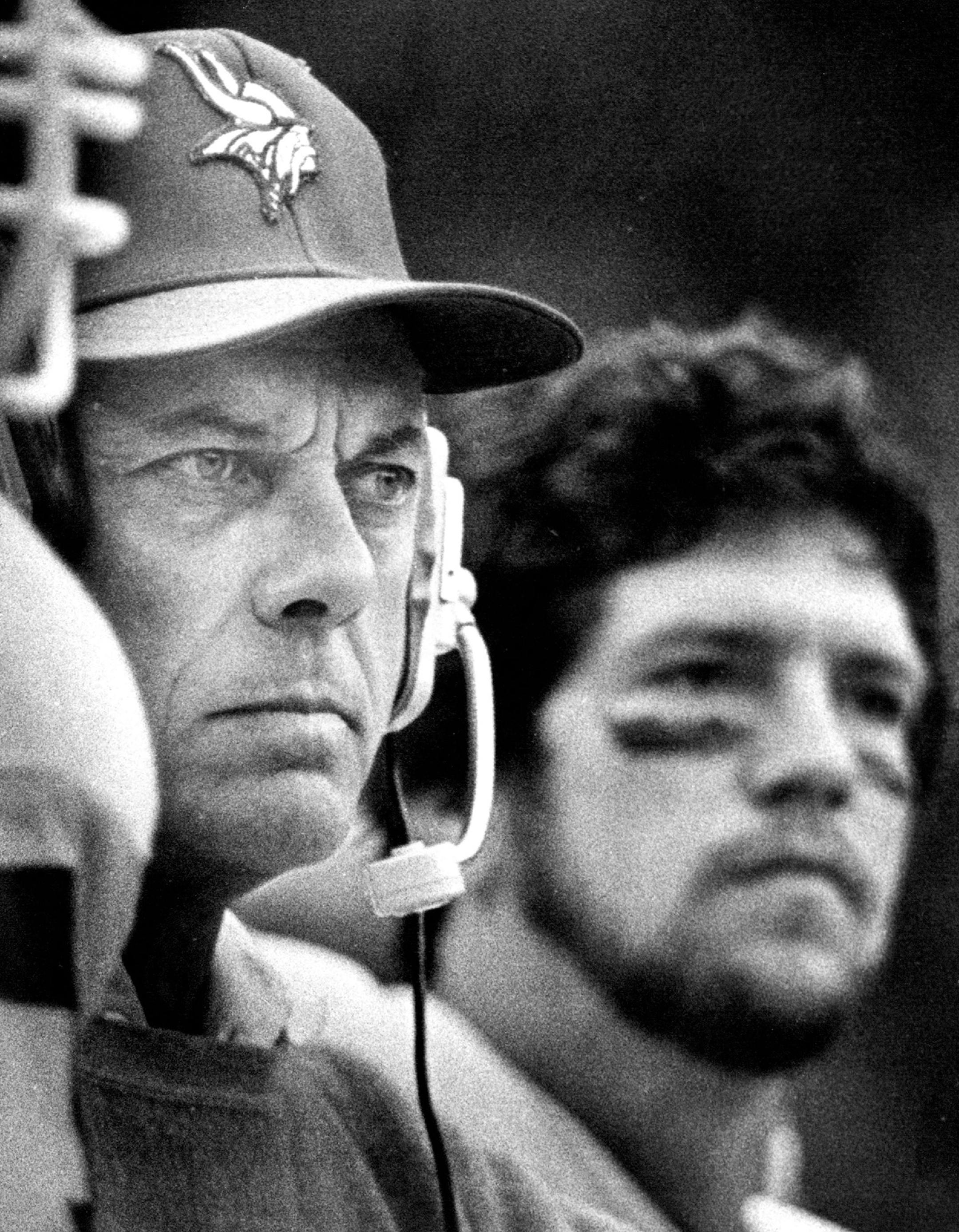 Vikings Coach Bud Grant and quarterback Tommy Kramer stared intently during fourth quarter action on the field in October, 1981.