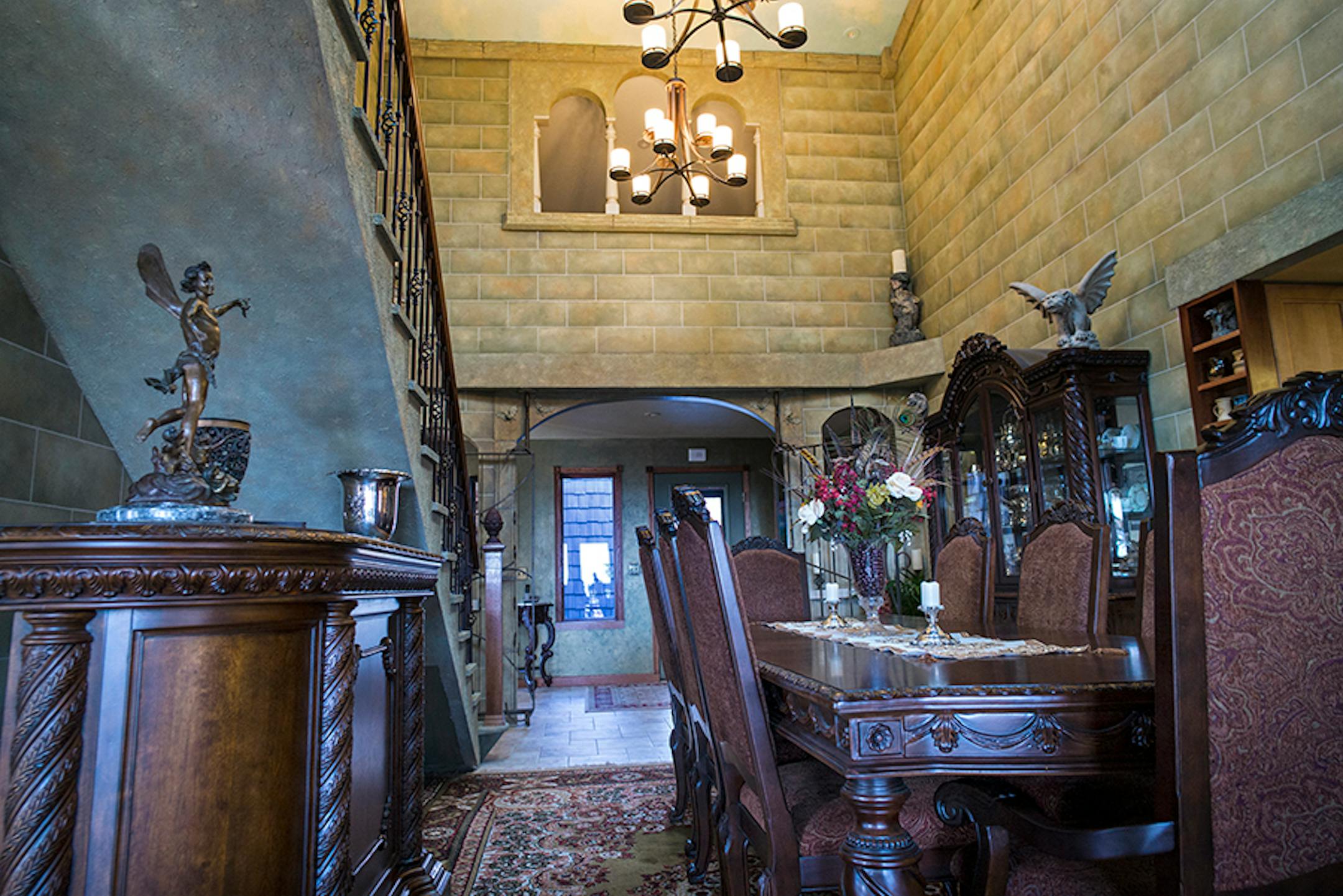 The couple has used their castle-inspired dining room to host fundraisers and themed, costumed dinner parties.