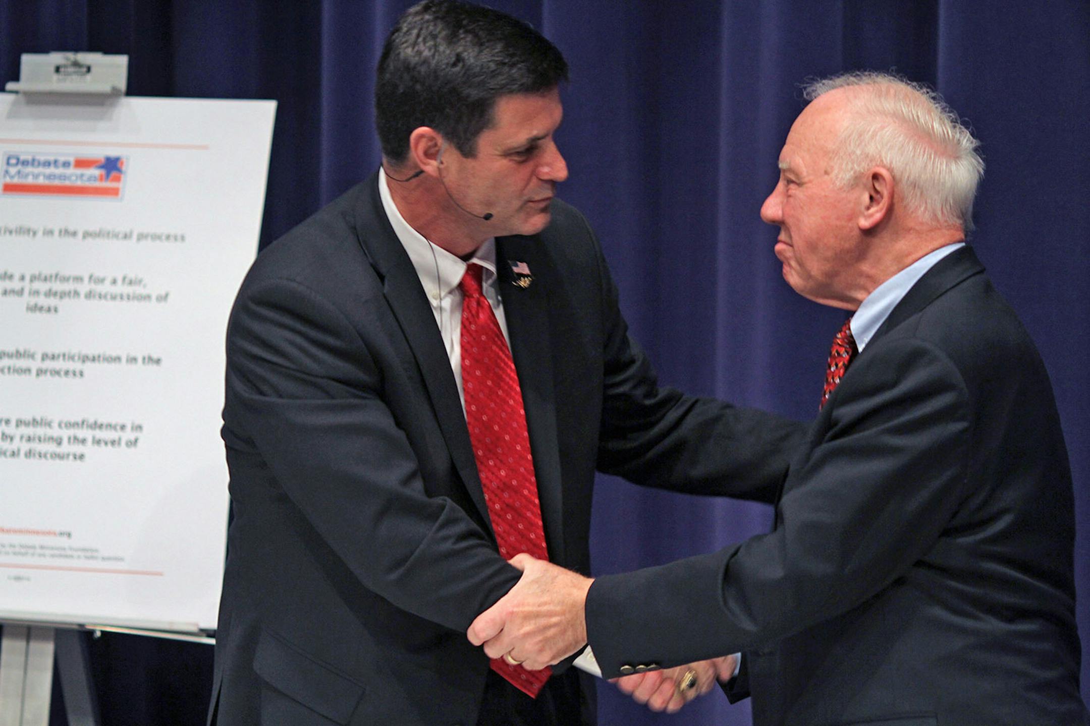BRUCE BISPING • bbisping@startribune.com Grand Rapids, MN, Friday, 10/22/10] Debate between Jim Oberstar and Chip Cravaack at the Itasca Community College, Grand Rapids MN (left to right) Chip Cravaack and Jim Oberstar shook hands at the end of the debate in Grand Rapids.