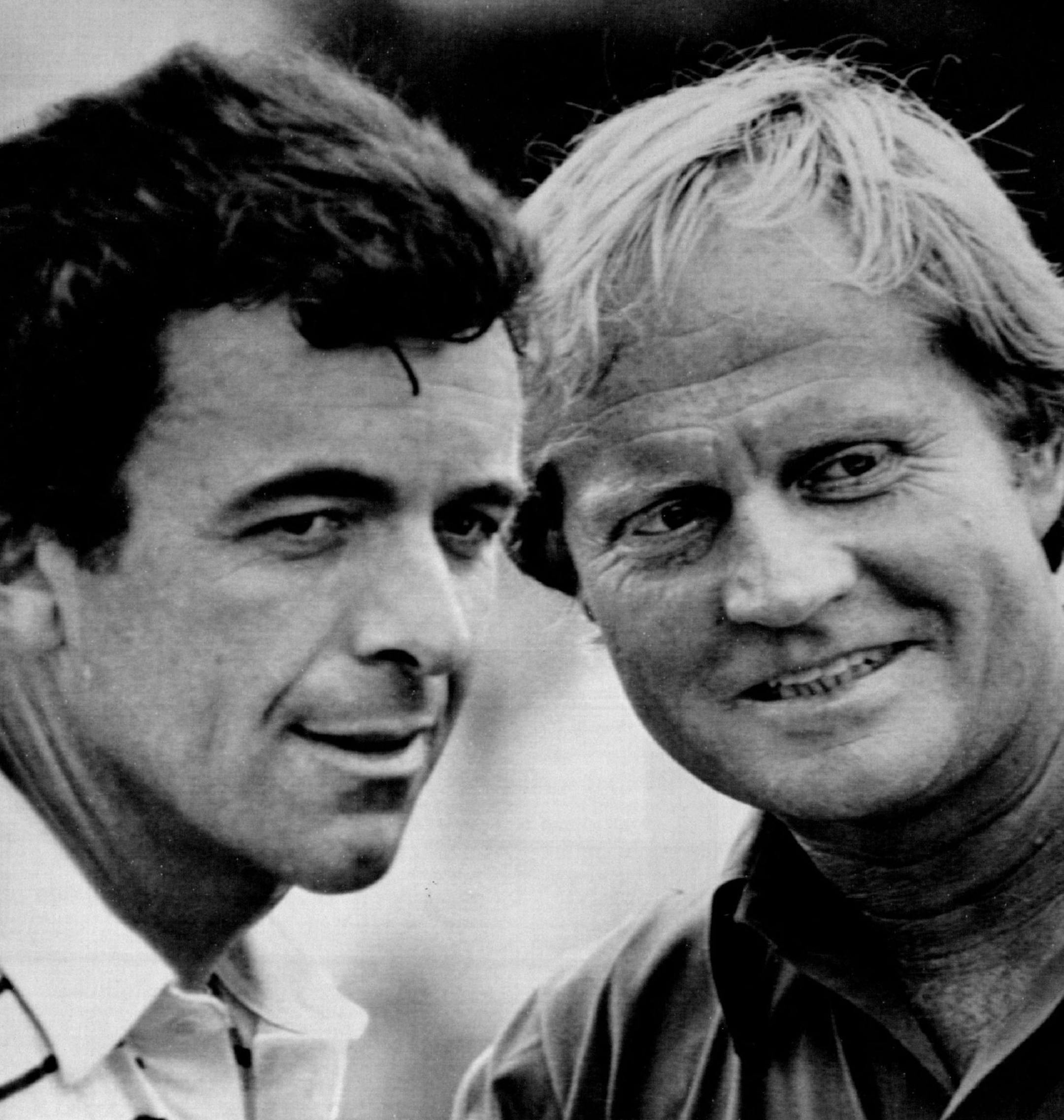 October 13, 1983 RYDER CUP CAPTAINS - Tony Jacklin, (left) of Great Britain, and Jack Nicklaus of the United States are shown during an exhibition golf clinic for spectators at the Ryder Cup Golf Matches Thursday. The men are serving as nonplaying captains. Jacklin for the European team and Nicklaus for the U. S. team, for the matches which are scheduled to begin Friday at the PGA National Golf Course. RF, AP Laserphoto