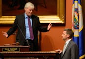 Minority Leader Kurt Daudt talked with House Speaker Paul Thissen before debate on the medical marijuana bill. ] Thursday, May 8, 2014 GLEN STUBBE * g