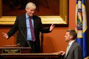 Minority Leader Kurt Daudt talked with House Speaker Paul Thissen before debate on the medical marijuana bill. ] Thursday, May 8, 2014 GLEN STUBBE * g