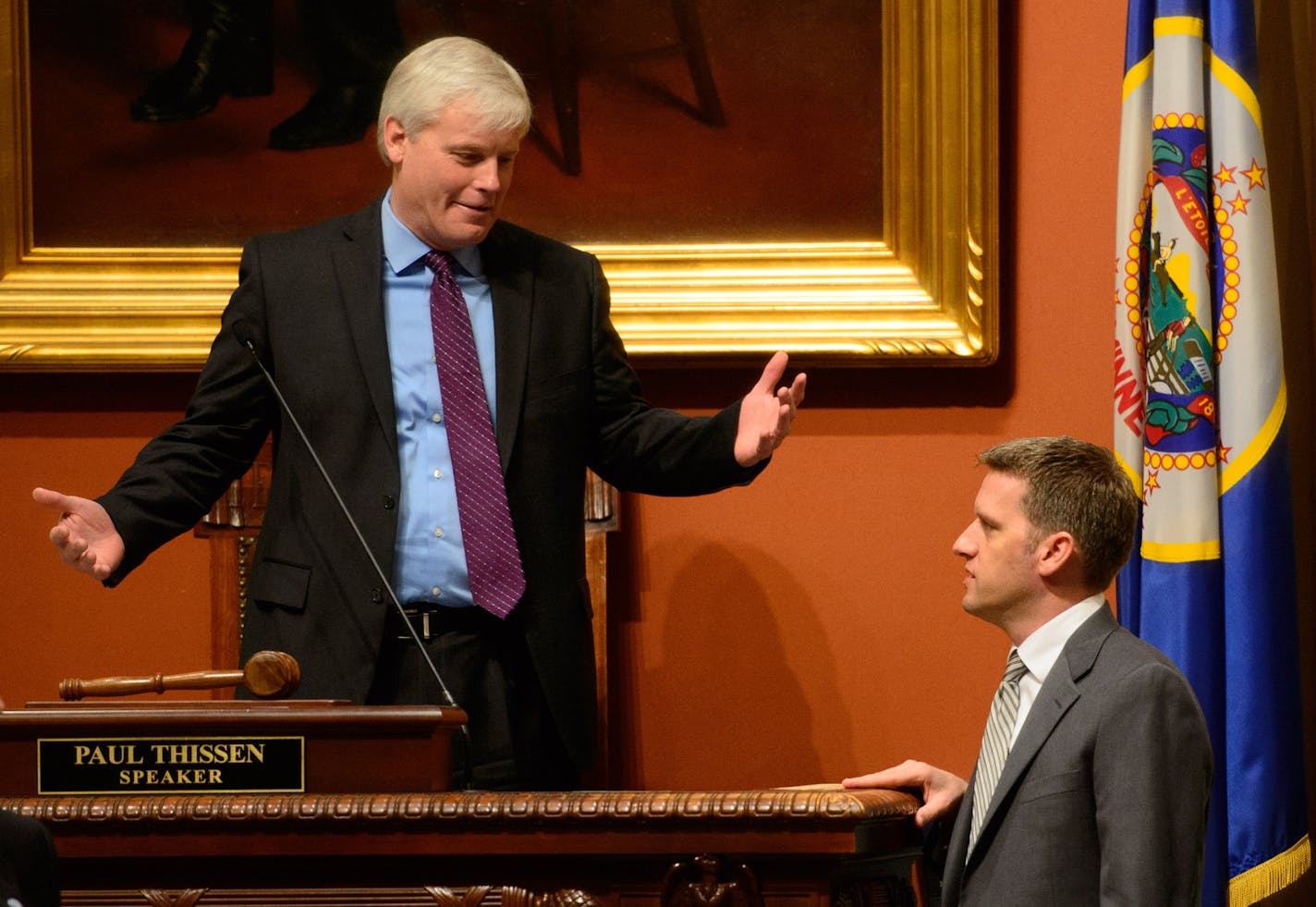 Minority Leader Kurt Daudt talked with House Speaker Paul Thissen before debate on the medical marijuana bill. ] Thursday, May 8, 2014 GLEN STUBBE * gstubbe@startribune.com ORG XMIT: MIN1405091400357141