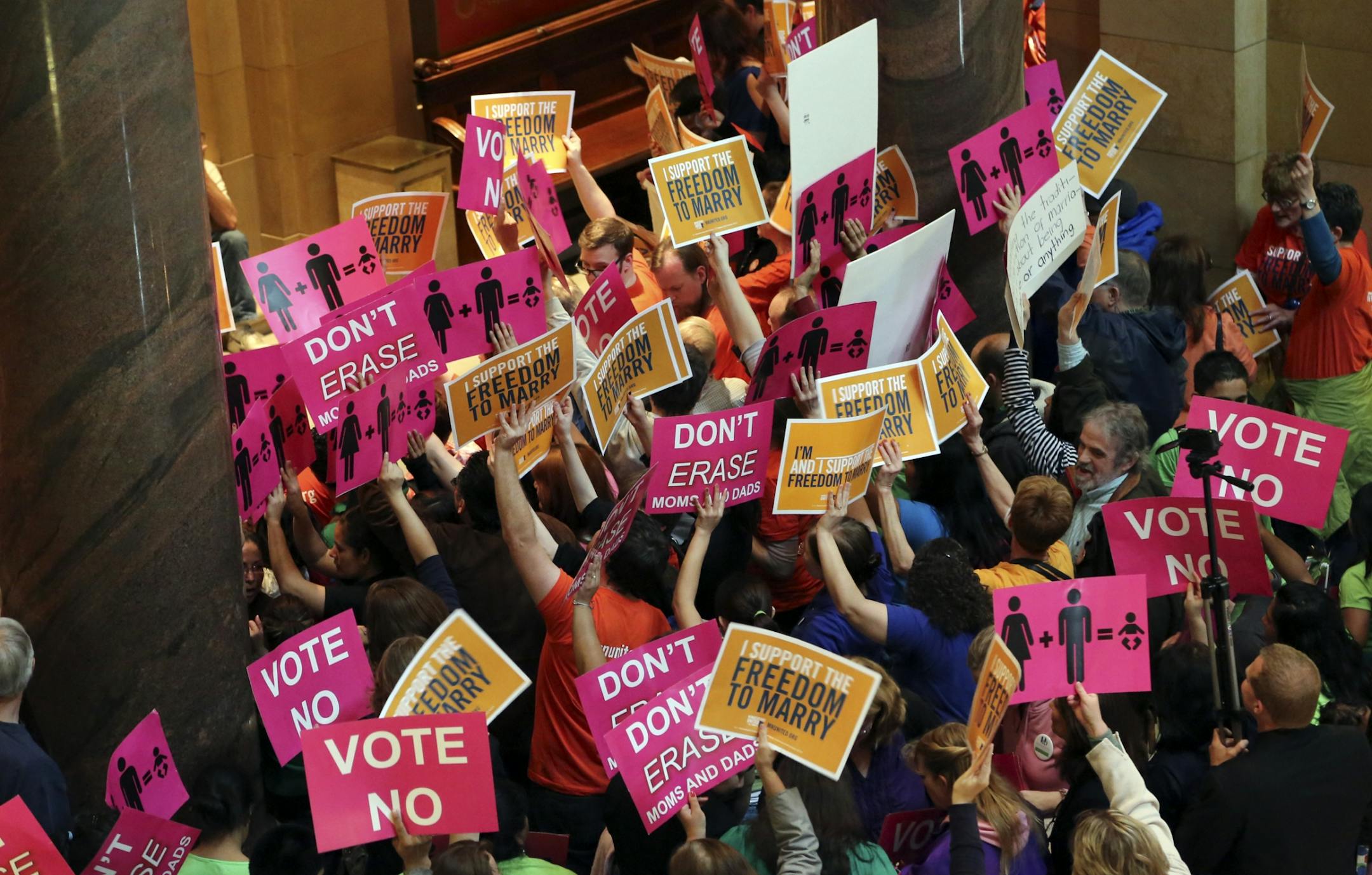 Proponents and oppponents of the measure packed the hall outside the Minnesota House chamber as members inside debated the measure that would legalize same-sex marriage in the stateThursday, May 9, at the State Capitol in St. Paul, MN.