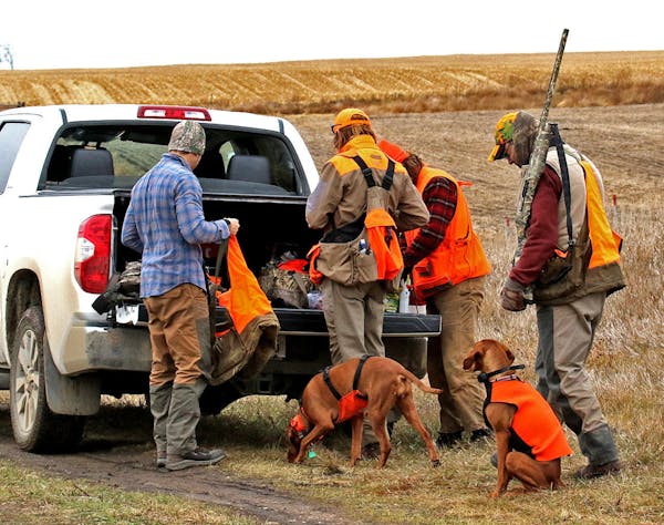 From left to right, Mike Ward, Joe Heckman, Dylan Hillyer and Scott Ward prepare to hunt on farm land west of Aberdeen, South Dakota, the day before H
