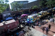 The lines of food trucks along Hennepin Avenue, as seen from the upper level of Kitchen Window.