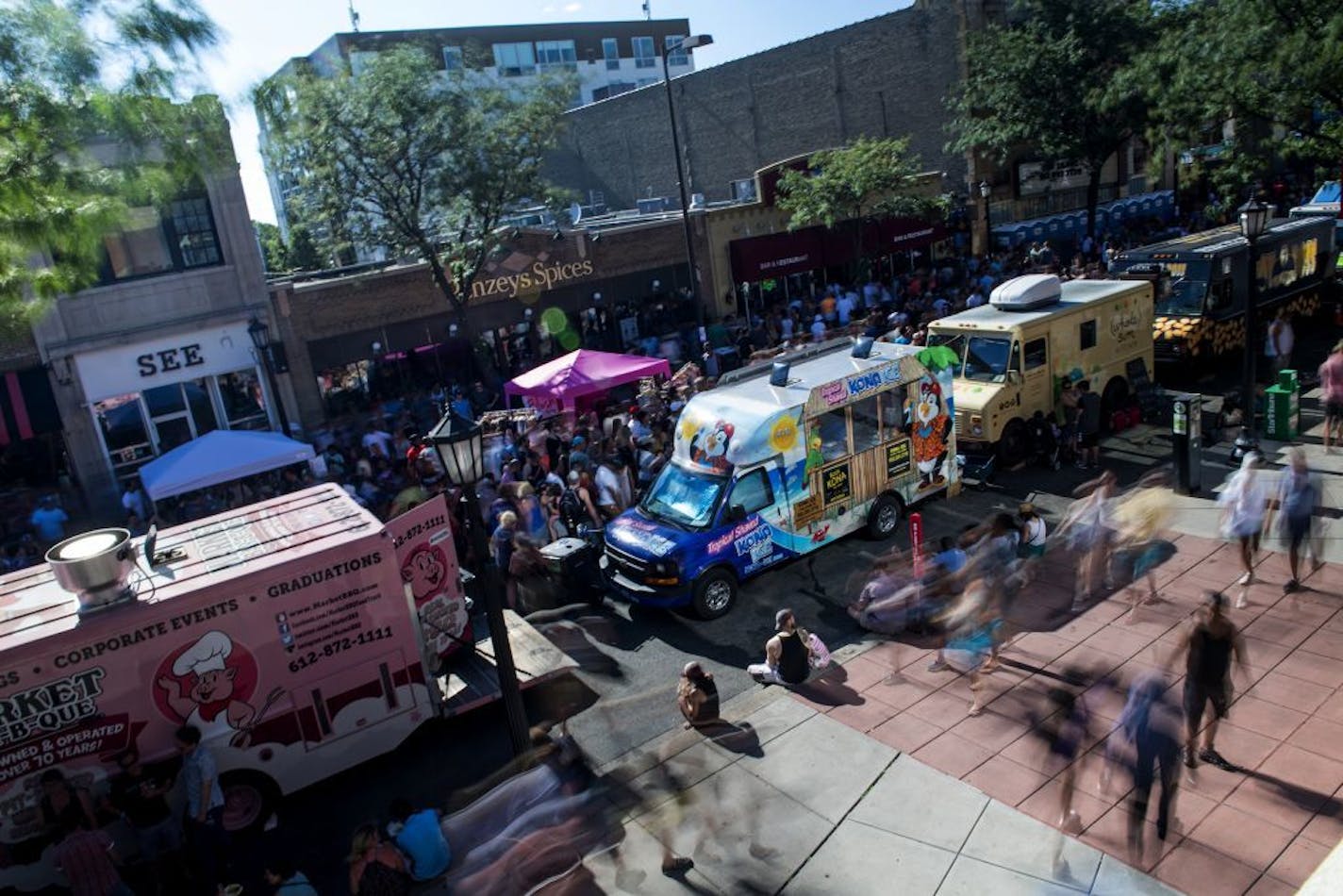 The lines of food trucks along Hennepin Avenue, as seen from the upper level of Kitchen Window.