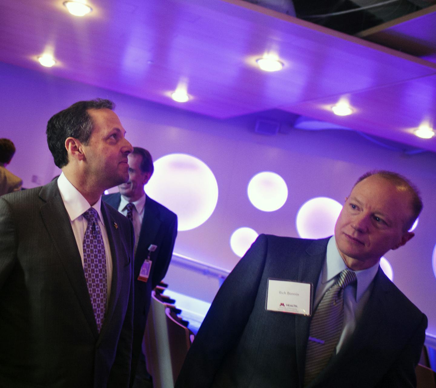 At the Minnesota Masonic Children's Hospital, Mark and Zygi Wilf admired the state of the art auditorium at the unveiling of the "Wilf Family Center" made possible through the Wilf Family Foundation. Architect Rich Bonnin is on the right.The auditorium can be used by doctors for conferences as well as movie nights for patients.] Richard Tsong-Taatarii/rtsong-taatarii@startribune.com