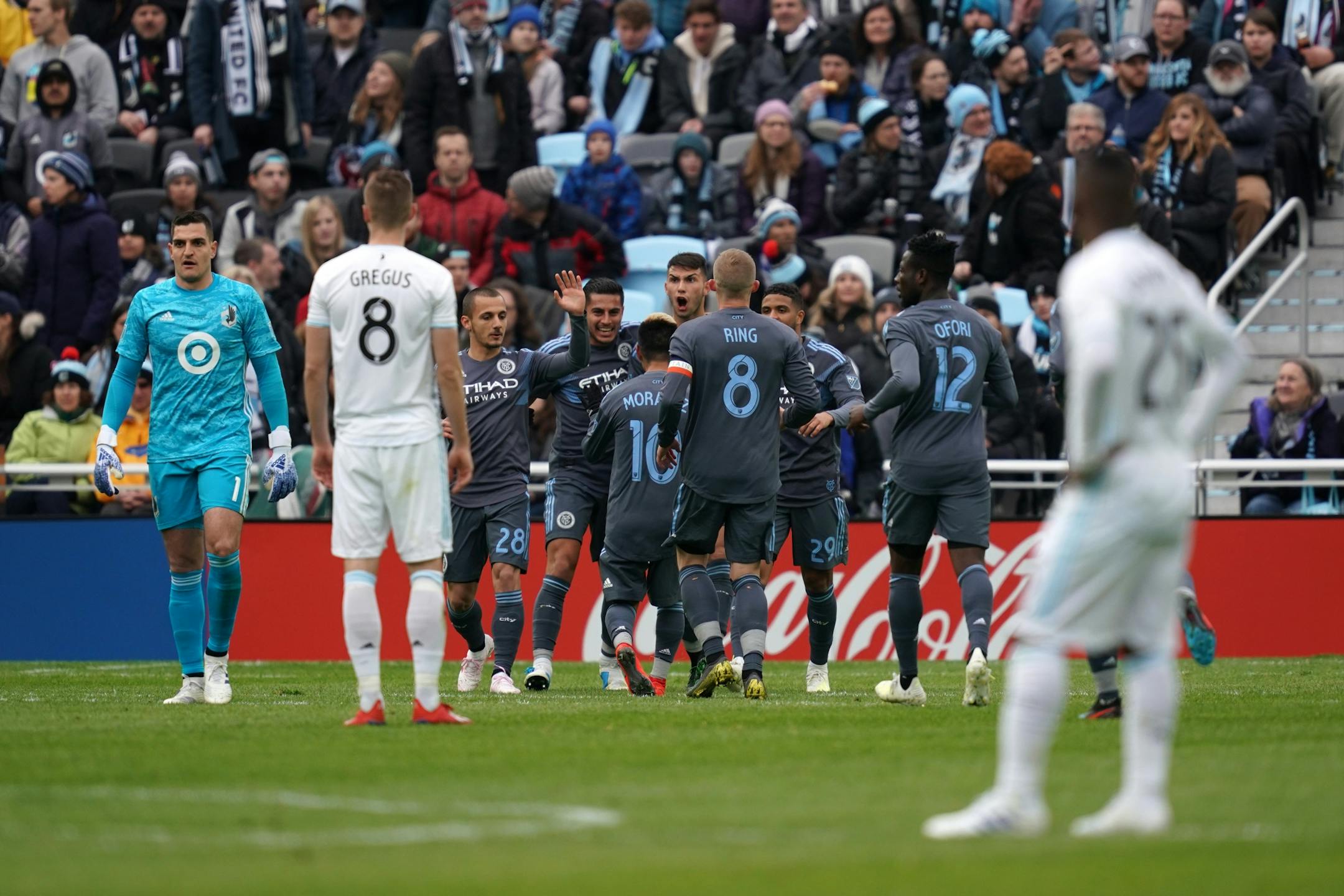 New York City players reacted after scoring a goal, that was taken back on video review, in the second half.