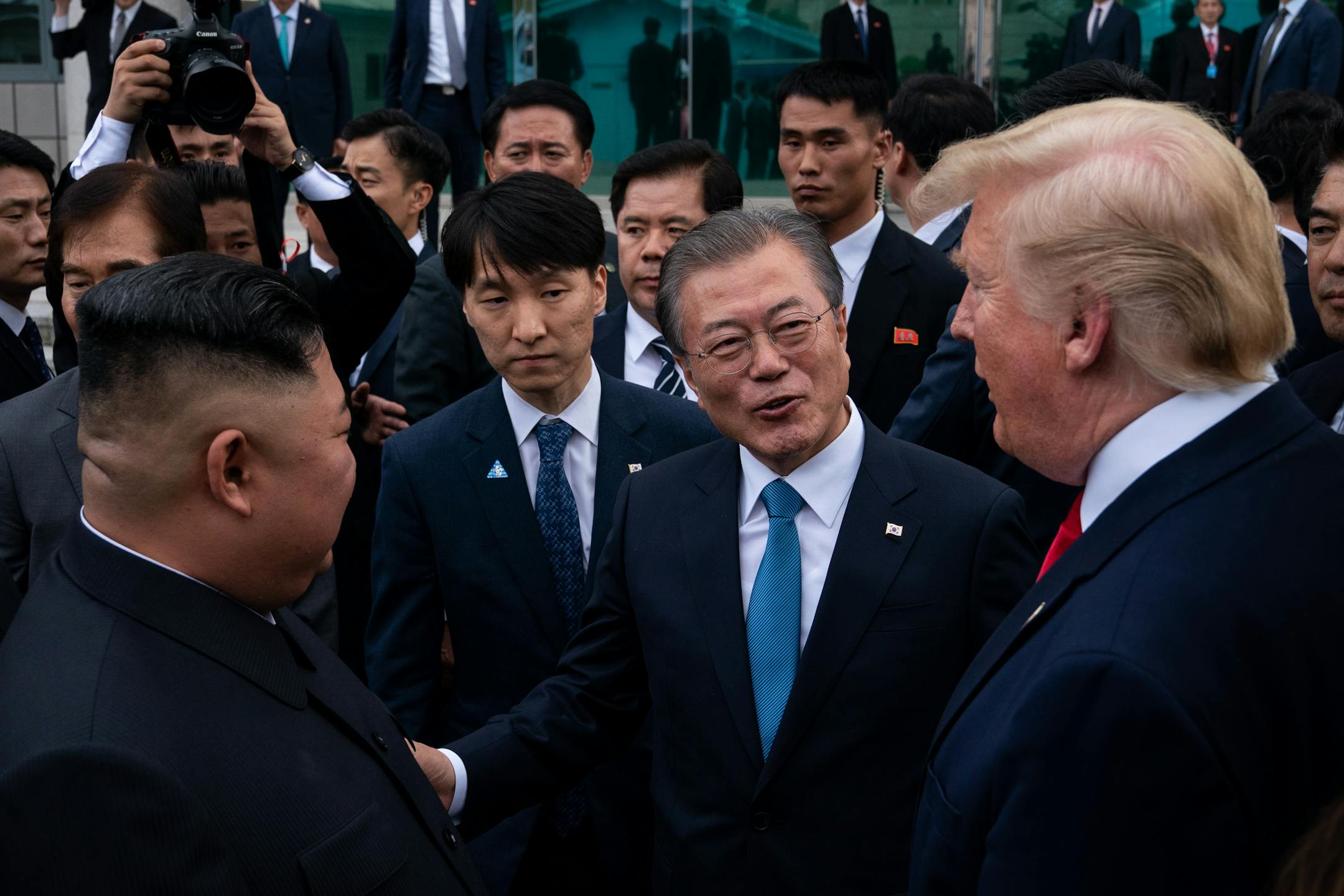 FILE — President Donald Trump, right, President Moon Jae-in of South Korea, center, and and Kim Jong Un, left, the North Korean leader, speak outside the Freedom House on the South Korean side of the truce village of Panmunjom, June 30, 2019. North Korea on Tuesday, June 16, 2020, blew up a building where its officials and their South Korean counterparts had recently worked side by side, dramatically signaling its displeasure with the South after weeks of threats to end the countries' recent detente. (Erin Schaff/The New York Times)