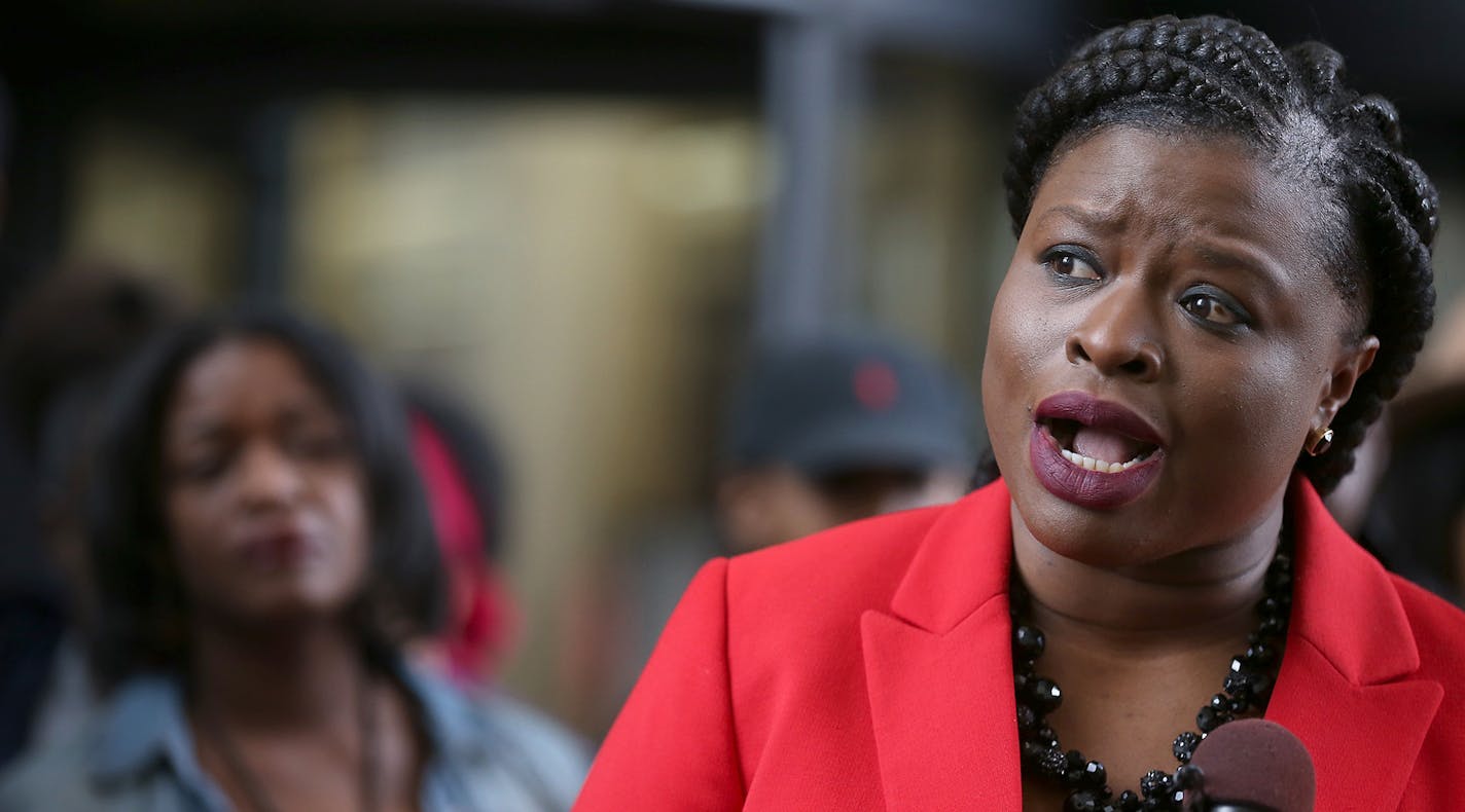 Nekima Levy-Pounds addressed the media during a press conference, Monday, April 4, 2016 at the Hennepin County Government Center in Minneapolis, MN. The Minneapolis NAACP held a press conference, including representatives of the Twin Cities Coalition for Justice for Jamar, Black Lives Matter Minneapolis, and Black Clergy United for Change to discuss recent developments in the Jamar Clark officer-involved shooting case. ] (ELIZABETH FLORES/STAR TRIBUNE) ELIZABETH FLORES &#x2022; eflores@startribu