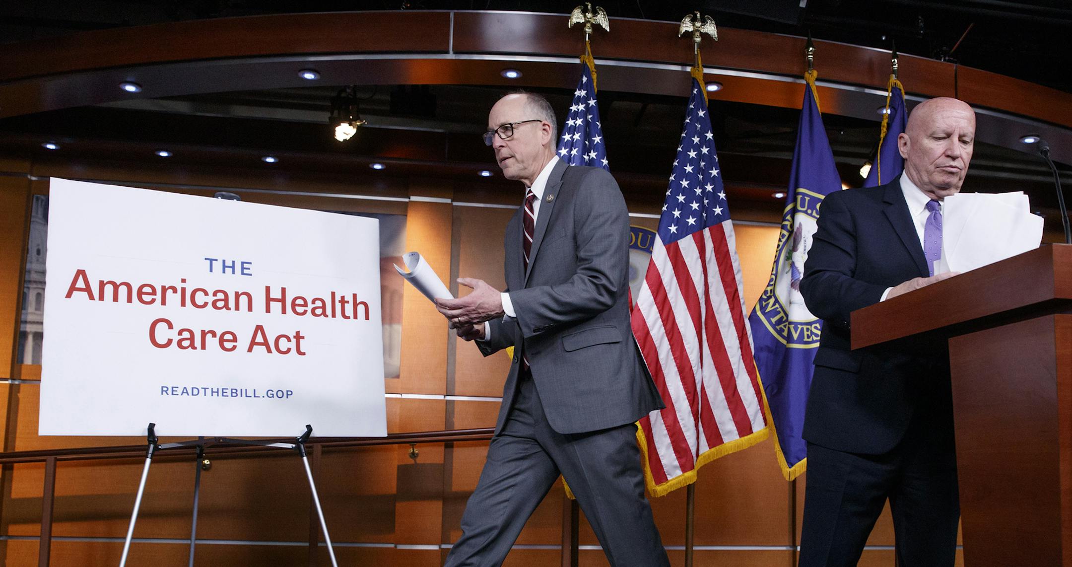 House Ways and Means Committee Chairman Rep. Kevin Brady, R-Texas, right, and House Energy and Commerce Committee Chairman Rep. Greg Walden, R-Ore., wrap up a news conference on Capitol Hill in Washington, Tuesday, March 7, 2017, as House Republicans introduce their plan to repeal and replace the Affordable Care Act. (AP Photo/J. Scott Applewhite) ORG XMIT: MIN2017030713311826