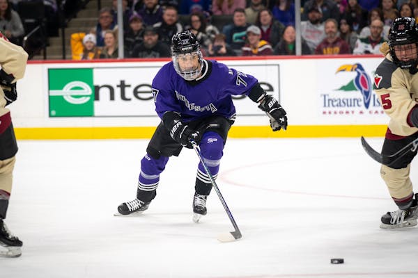 Minnesota PWHL forward Susanna Tapani (77) went for the puck in a 3-0 victory against Montreal on Saturday at Xcel Energy Center.