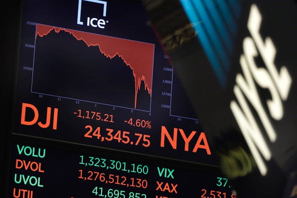 A board above the trading floor of the New York Stock Exchange shows the closing number for the Dow Jones industrial average, Monday, Feb. 5, 2018. Th