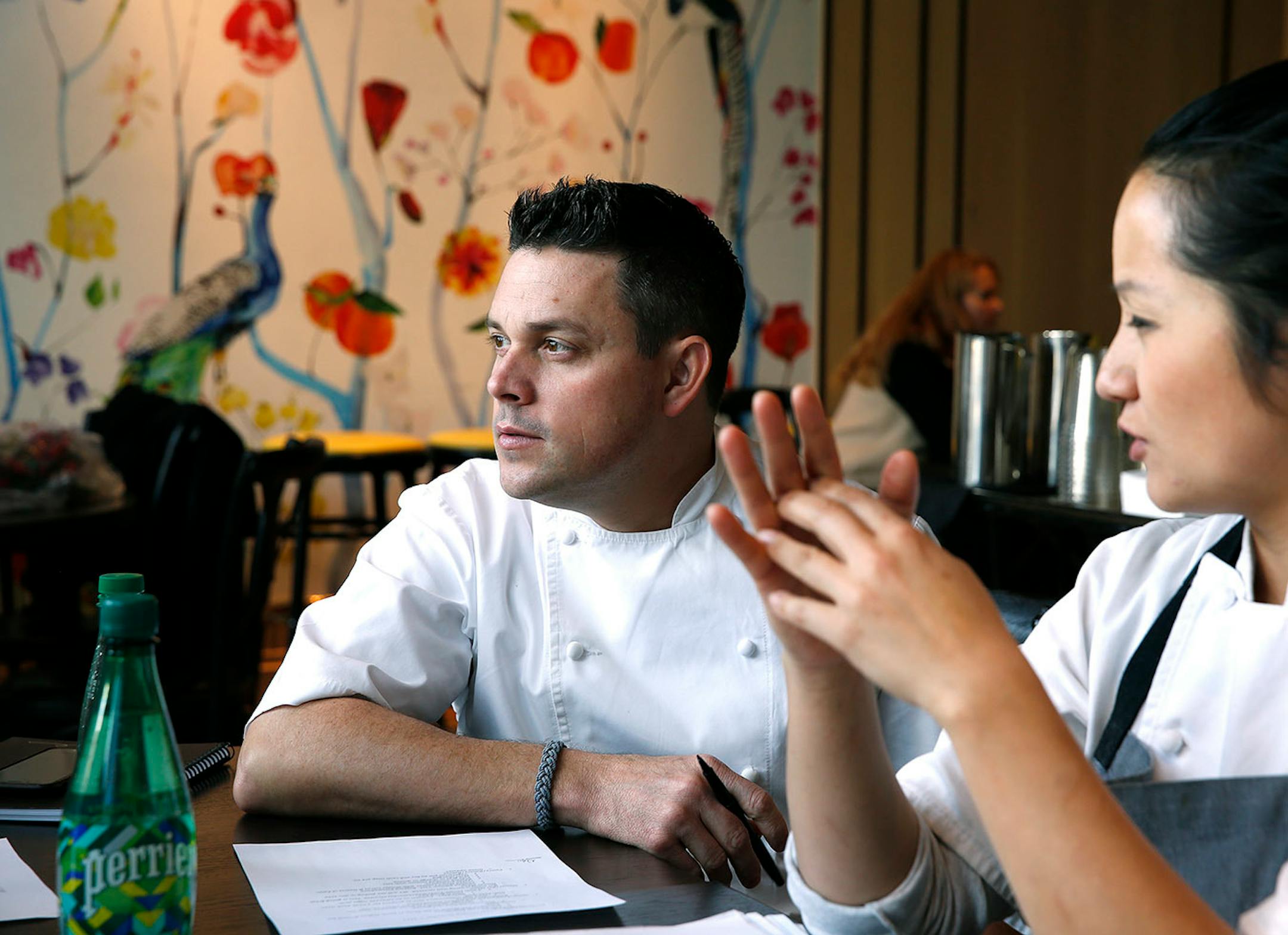 Gavin Kaysen meets with Bellecour staff, right is, Executive Chef, Diane Yang.