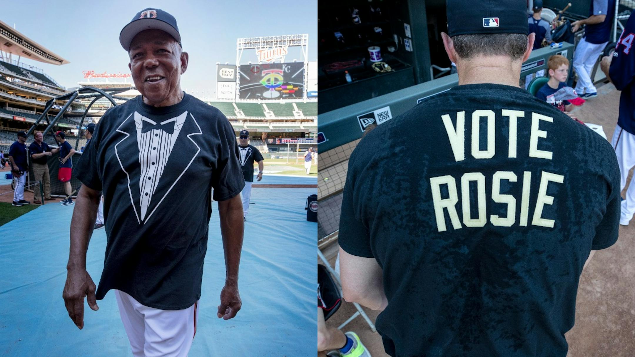 Twins coaches such as Tony Oliva, left, and players wore faux tuxedo T-shirts during batting practice Monday night at Target Field to promote outfielder Eddie Rosario's candidacy for the All-Star Game.