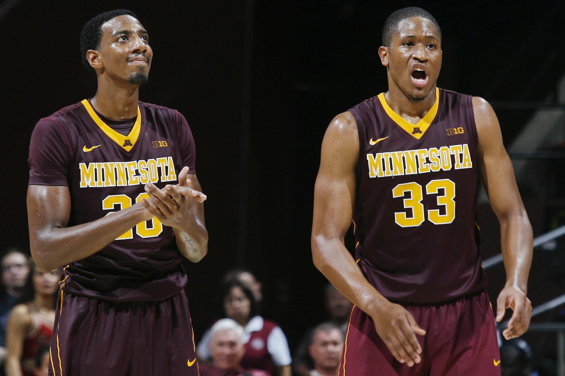 Minnesota guard Austin Hollins (20) and forward Rodney Williams Jr. (33) celebrate during the second half at Florida State earlier this season..