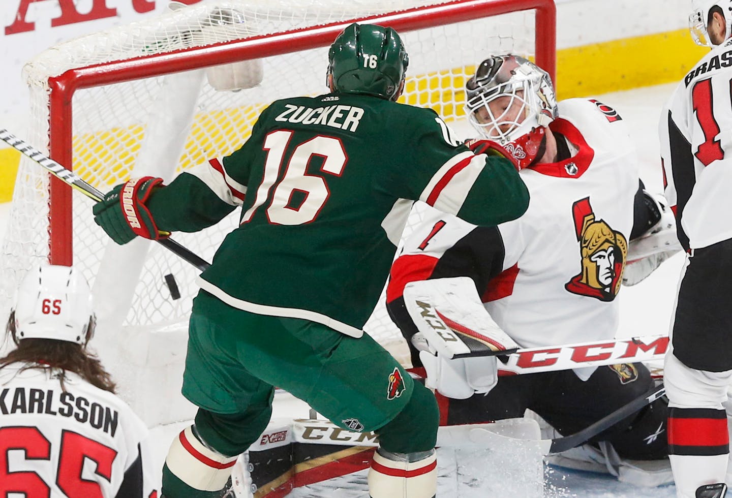 The Wild's Jason Zucker scored his go-ahead goal against Senators goaltender Mike Condon in the third period of the Wild's 3-1 victory Monday at Xcel Energy Center.