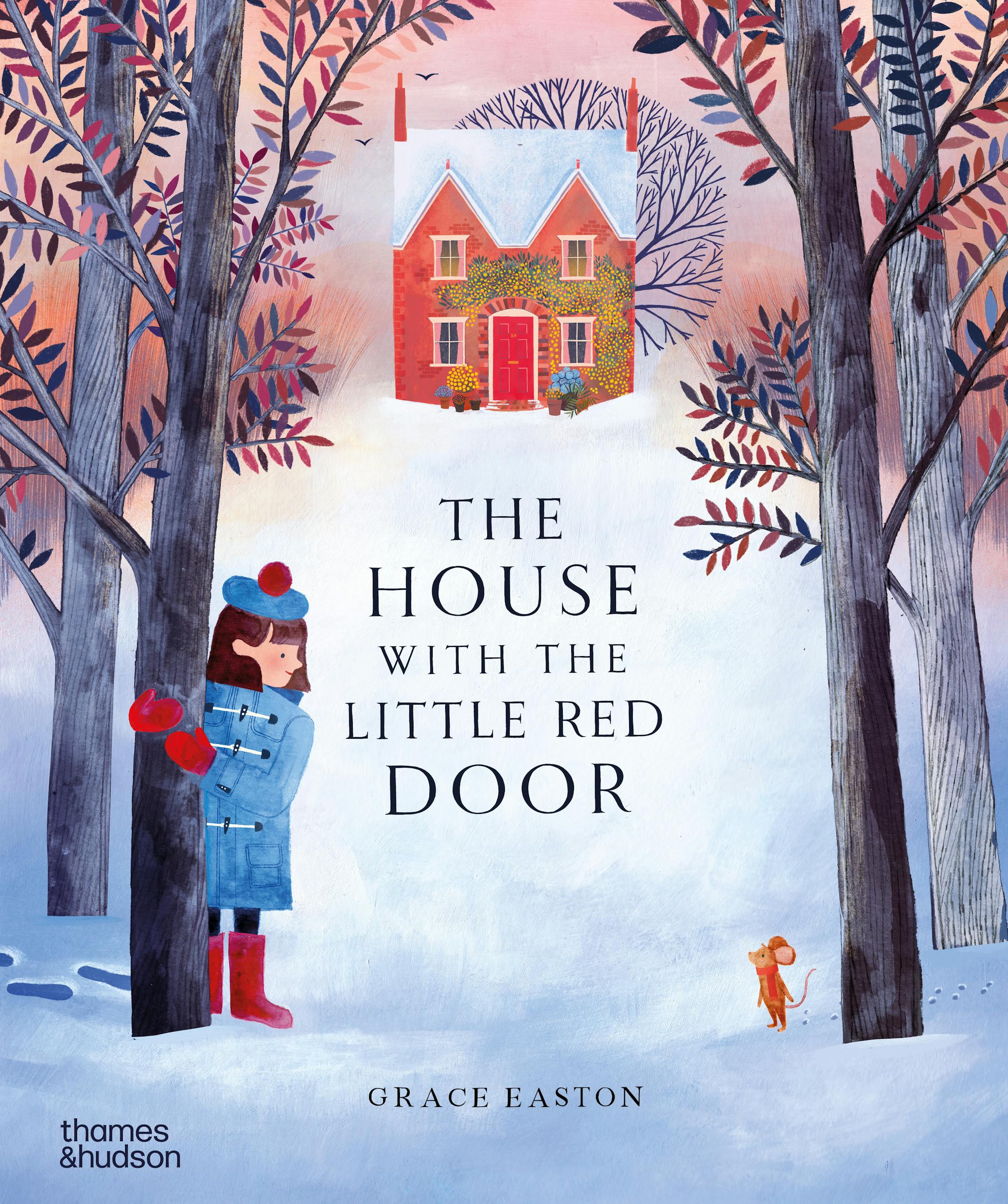 cover of The House with the Little Red Door features a girl in an overcoat in some snowy woods, and a mouse, with a red-doored house in the distance behind them
