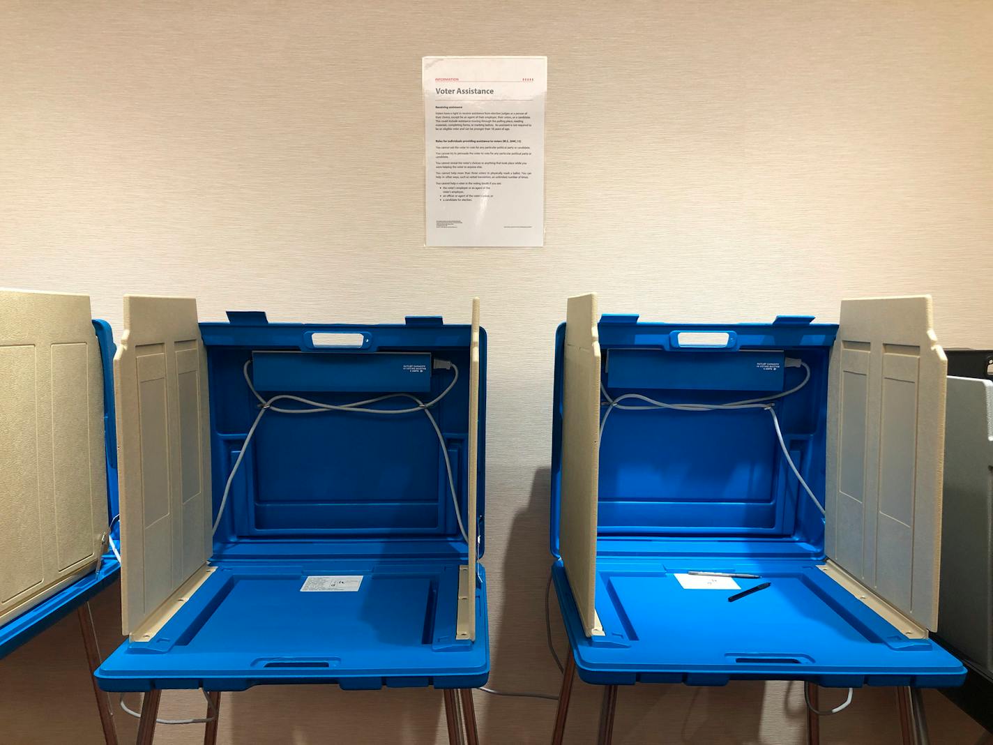 This Jan. 9, 2020, photo shows voting booths already set up at the Hennepin County Government Center in downtown Minneapolis in preparation for the start of early voting on Friday, Jan. 17, in Minnesota's March 3 presidential primary.