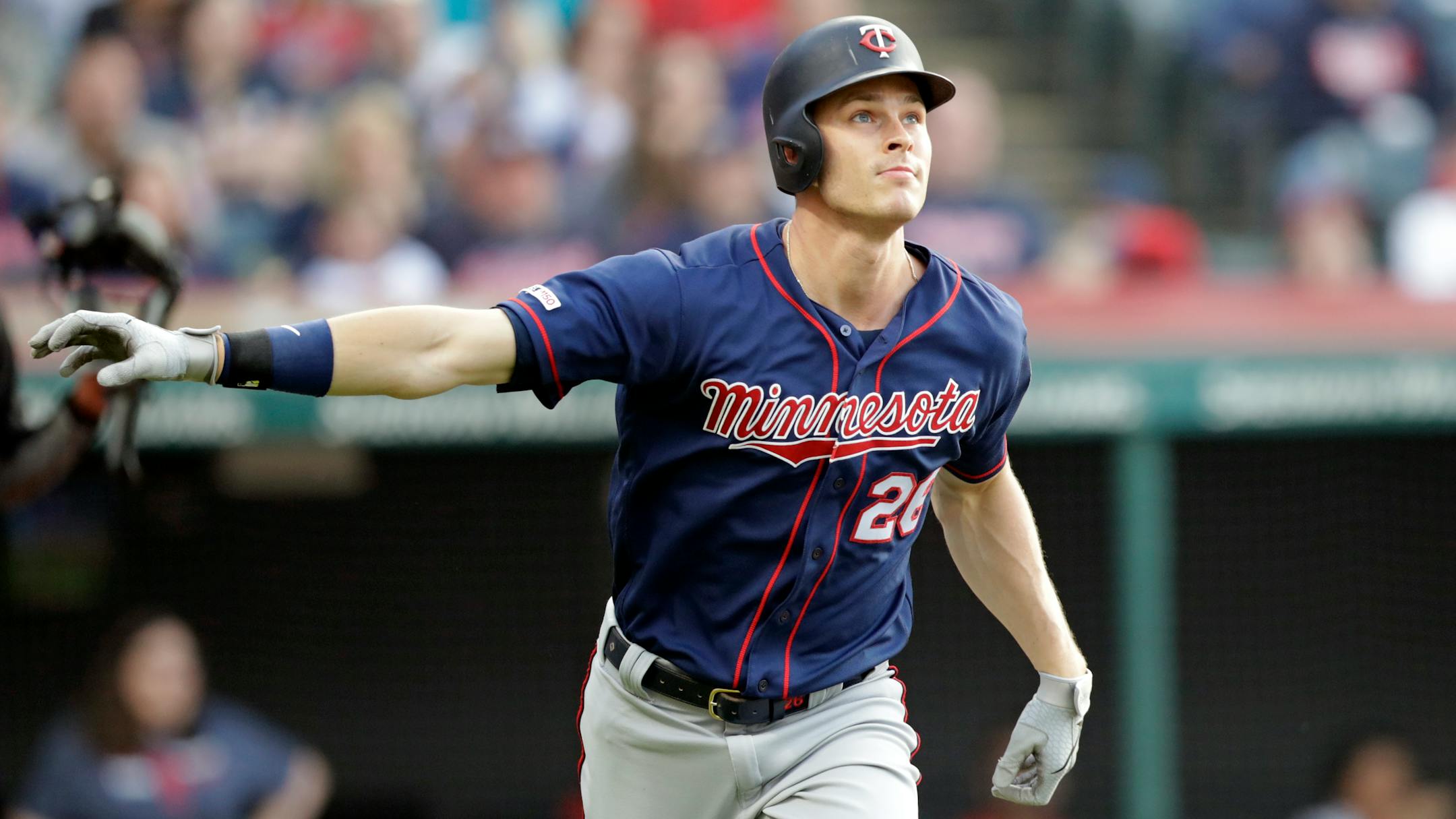 The Twins' Max Kepler watches a two-run home run off Cleveland starting pitcher Trevor Bauer in the third inning