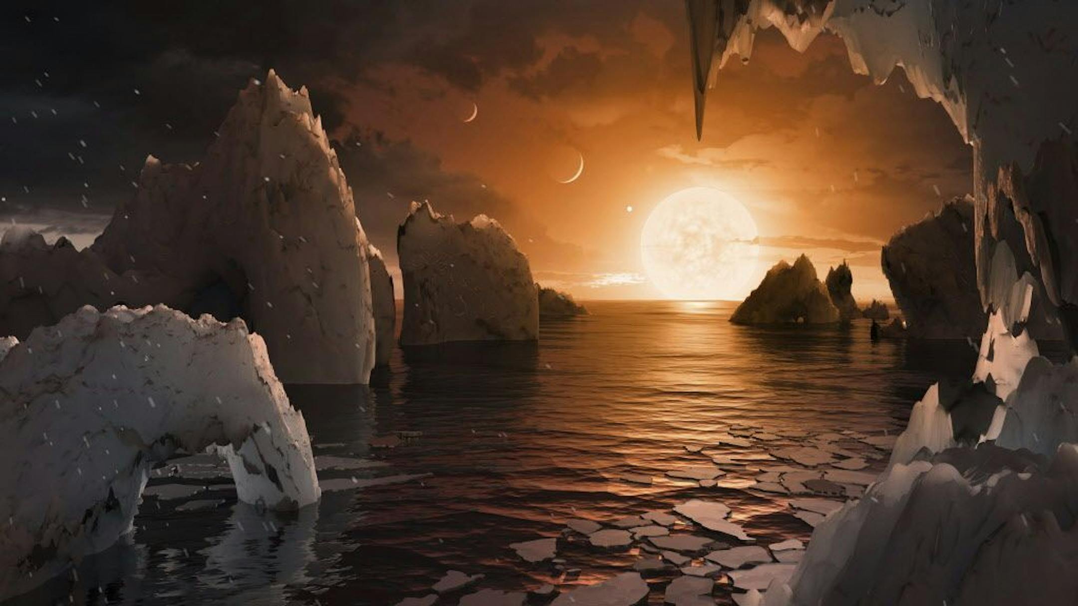This image provided by NASA/JPL-Caltech shows an artist's conception of what the surface of the exoplanet TRAPPIST-1f may look like, based on available data about its diameter, mass and distances from the host star. The planets circle tightly around a dim dwarf star called Trappist-1, barely the size of Jupiter. Three are in the so-called habitable zone, where liquid water and, possibly life, might exist. The others are right on the doorstep.