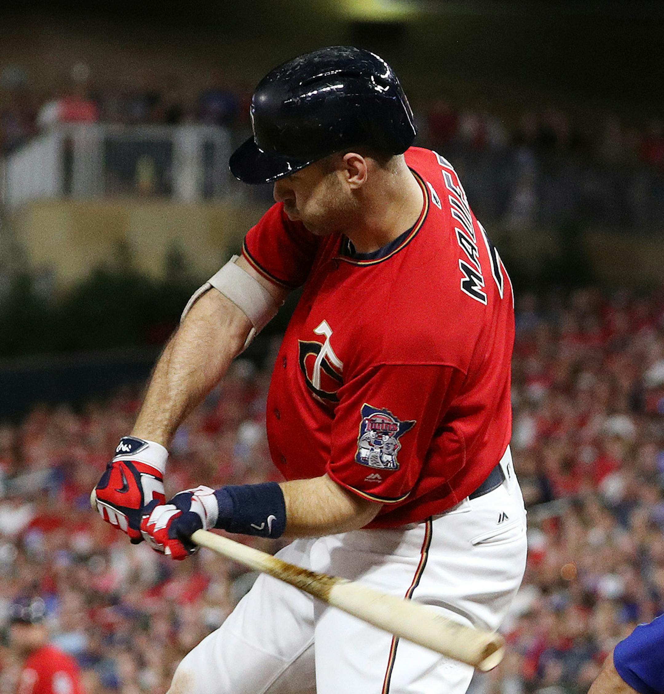 The Minnesota Twins' Joe Mauer drives in a run with a sacrifice fly against the Toronto Blue Jays in the third inning on Friday, Sept. 15, 2017, at Target Field in Minneapolis. (Anthony Souffle/Minneapolis Star Tribune/TNS) ORG XMIT: 1211258