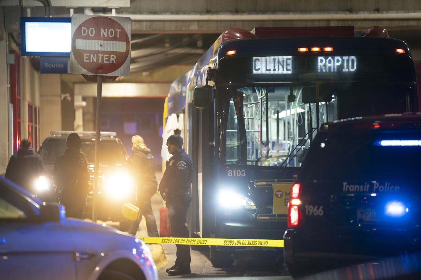 Minneapolis Police investigated the scene on the Metro Transit bus where two people were shot Thursday night. ] JEFF WHEELER &#x2022; Jeff.Wheeler@startribune.com Two people were shot on a Metro Transit bus in the transit area of the municipal parking ramp at 1st Ave. N. and 9th St. N. Thursday night, February 6, 2020 in downtown Minneapolis. One victim was dead when police arrived. The other was taken to the hospital. A suspect was arrested shortly afterwards at 7th and Nicollet.