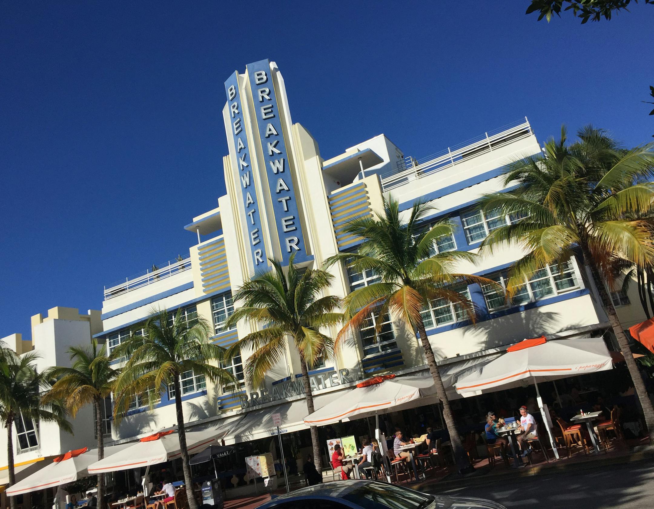 The Breakwater Hotel is one of the most photographed sights on Ocean Drive in Miami Beach. It dates from 1936.