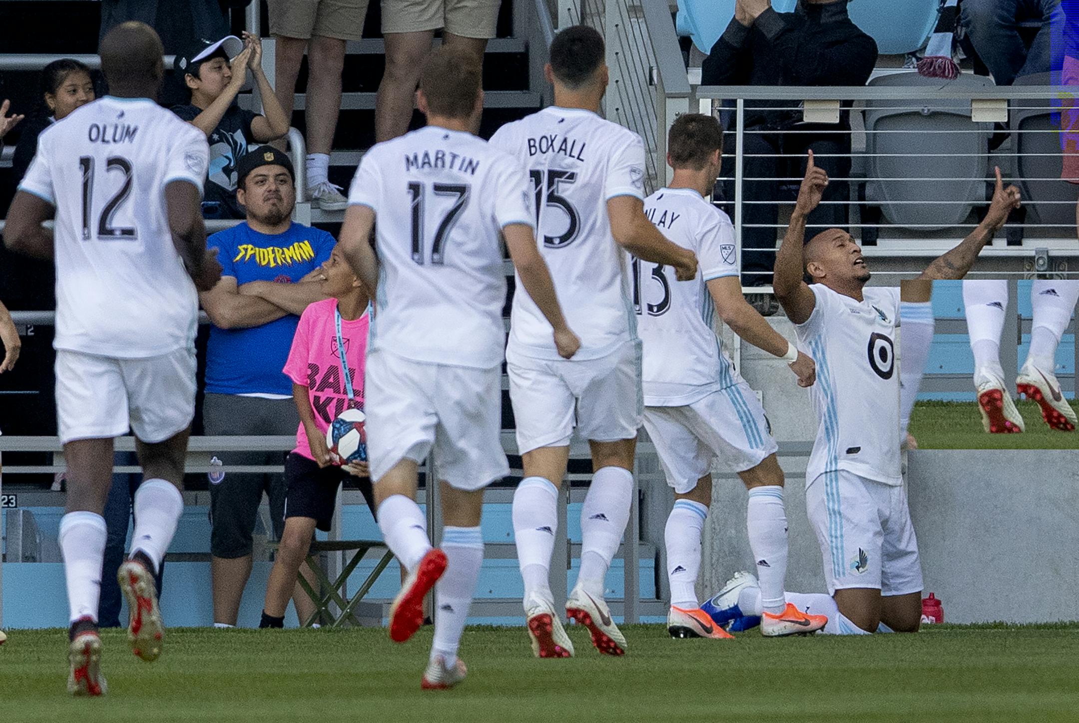 Angelo Rodriguez of Minnesota United FC celebrated after scoring a goal in the first half. ] CARLOS GONZALEZ • cgonzalez@startribune.com – Chanhassen, MN – June 11, 2019, High School / Prep Boys' lacrosse state quarterfinals, Benilde-St. Margaret's vs. Centennial