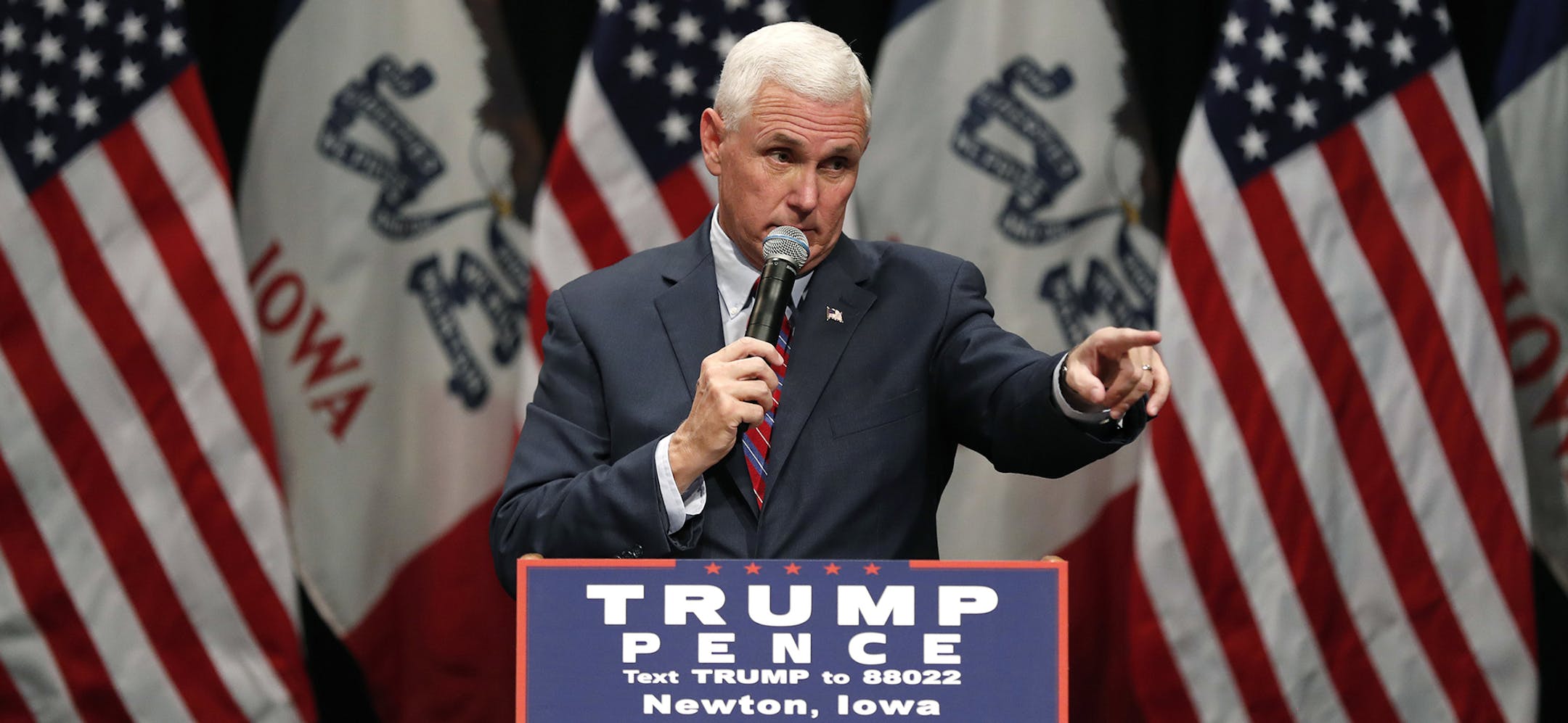 Republican vice presidential candidate Indiana Gov. Mike Pence speaks during a campaign rally, Tuesday, Oct. 11, 2016, in Newton, Iowa. (AP Photo/Charlie Neibergall) ORG XMIT: MIN2016101213135025