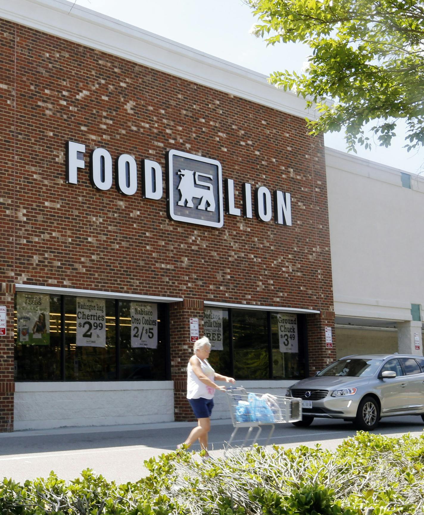 A shopper heads out of a Food Lion store in Richmond, Va., Wednesday, June 24, 2015. Dutch retailer Royal Ahold NV, which operates U.S. supermarket chains Stop & Shop and Giant, has agreed to merge with its Belgian counterpart Delhaize Group, which operates the Hannaford and Food Lion stores in the eastern United States. (AP Photo/Steve Helber) ORG XMIT: VASH105