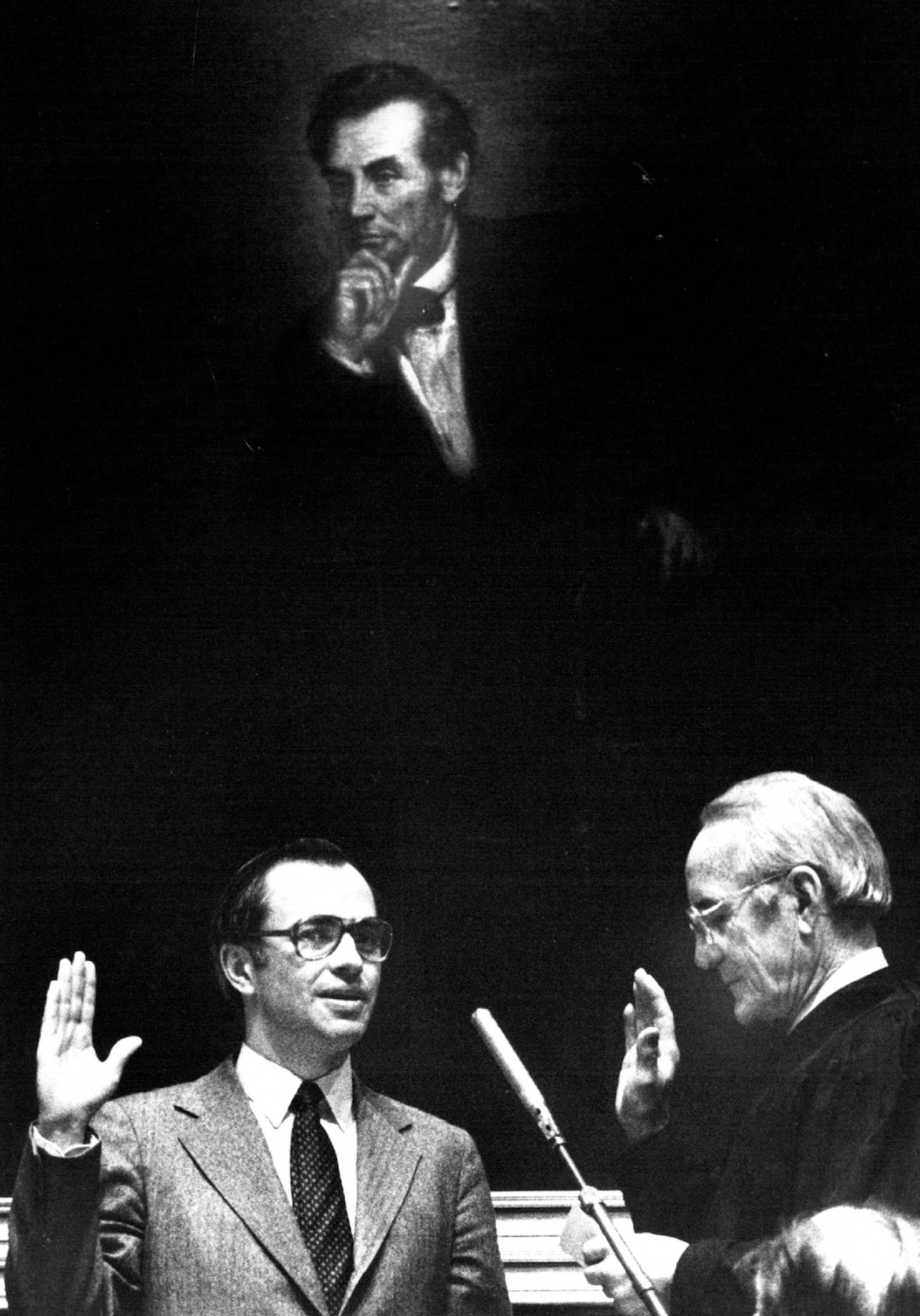 Opening of legislature........ Rep. Harry Sieben, DFL Hastings, left sworn in as speaker of house by Judge Miles Lord. Kent Kobersteen, Minneapolis Star Tribune