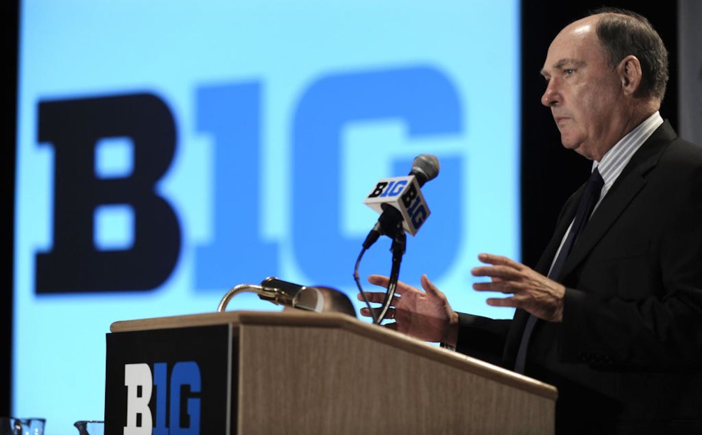 Big Ten commissioner Jim Delany talks speaks during Big Ten football media day in Chicago, Thursday, July 28, 2011.