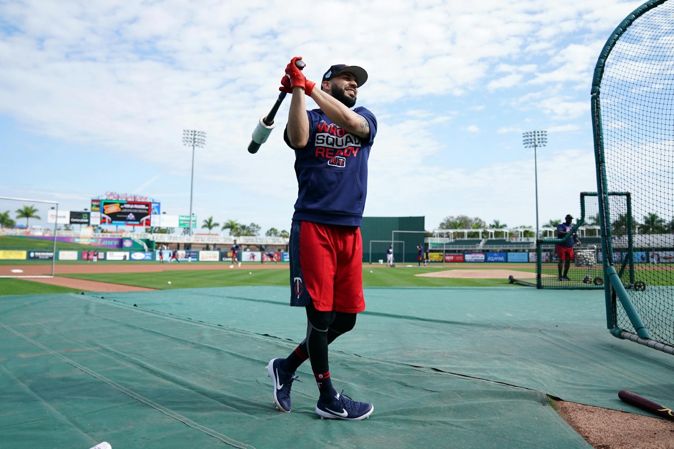 Newly acquired Minnesota Twins utility player Marwin Gonzalez (9) took batting practice Monday morning.