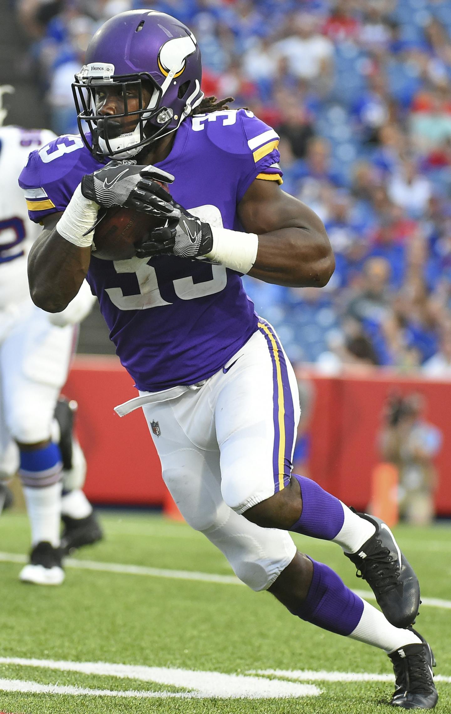 Minnesota Vikings running back Dalvin Cook (33) rushes during the first half of a preseason NFL football game against the Buffalo Bills Thursday, Aug. 10, 2017, in Orchard Park, N.Y. (AP Photo/Rich Barnes)