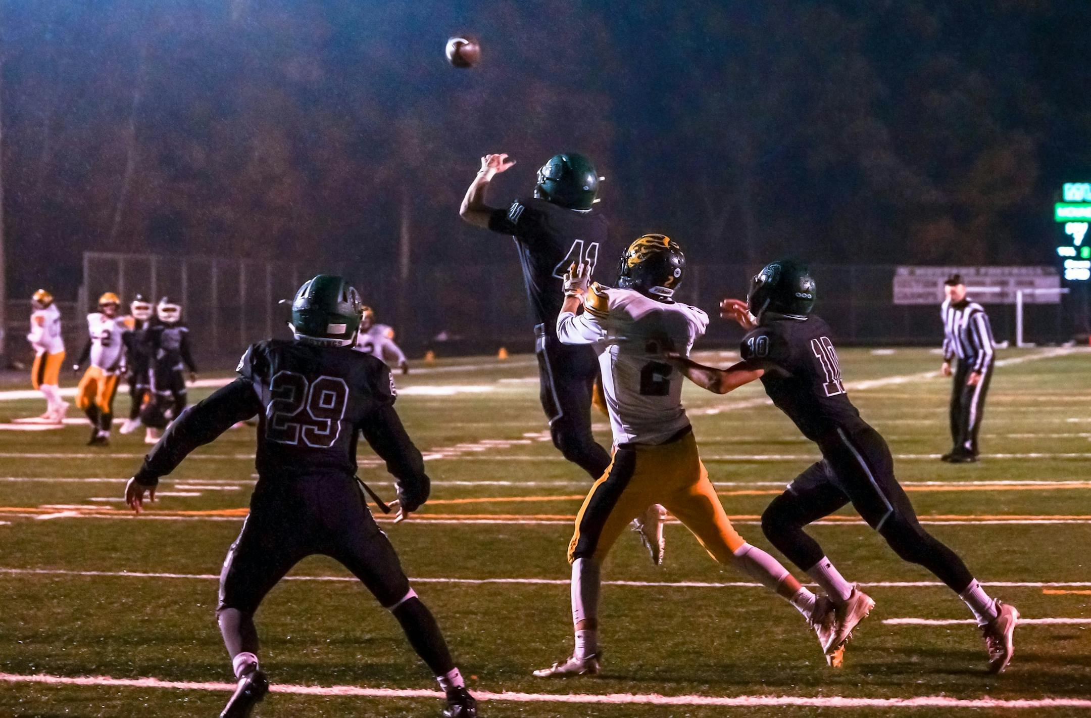 Mounds View&#xed;s Brian Tebbutt (41) with an interception at the goal line with less then 30 seconds in the second quarter to keep a 7-0 halftime lead for the Mustangs over visiting Burnsville. Photo by Korey McDermott, SportsEngine