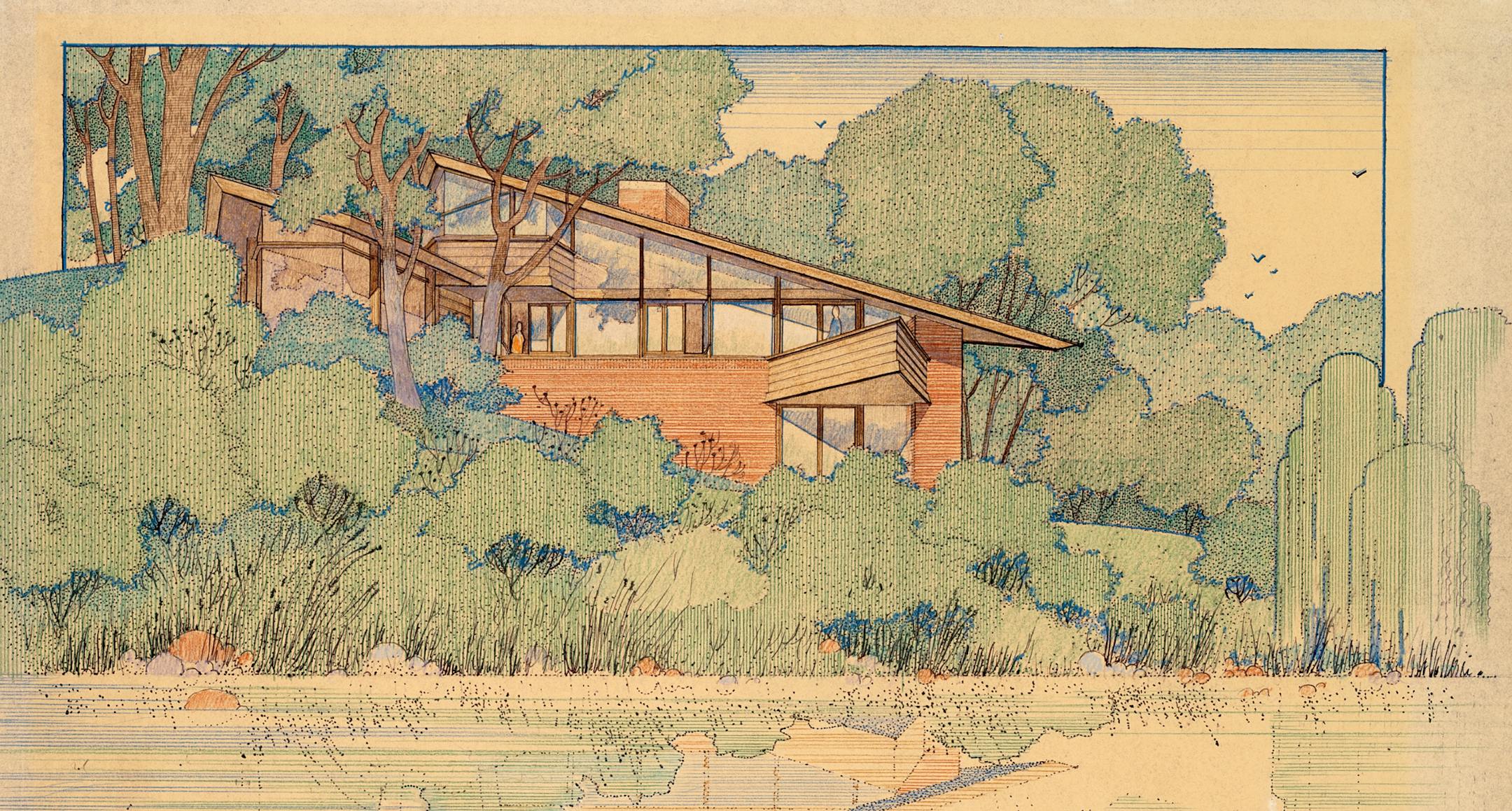 StreetScapes - "John H. Howe, Architect" by Jane King Hession and Tim Quigley - presentation drawing for Sankaku - - hand colored with hundreds of densley packed parallel lines. p. 5: Courtesy of the John H. Howe Papers (N14), Northwest Architectural Archives, University of Minnesota Libraries, Minneapolis.