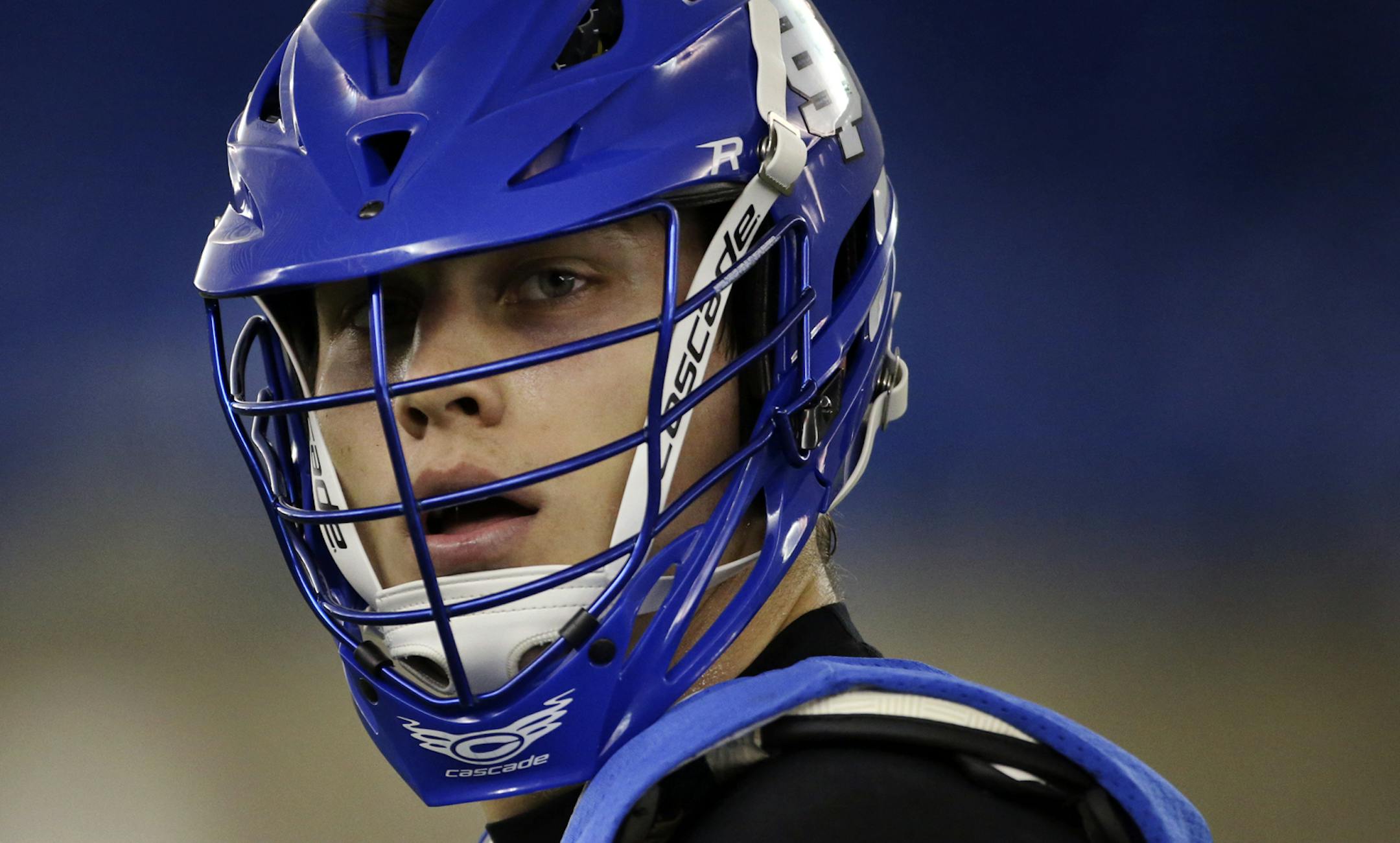 College lacrosse recruit James Riley, headed to Duke University, during St. Thomas Academy lacrosse practice Friday, April 4, 2014, at the West St. Paul Sports Dome in West St. Paul, MN.](DAVID JOLES/STARTRIBUNE) djoles@startribune.com **James Riley,cq