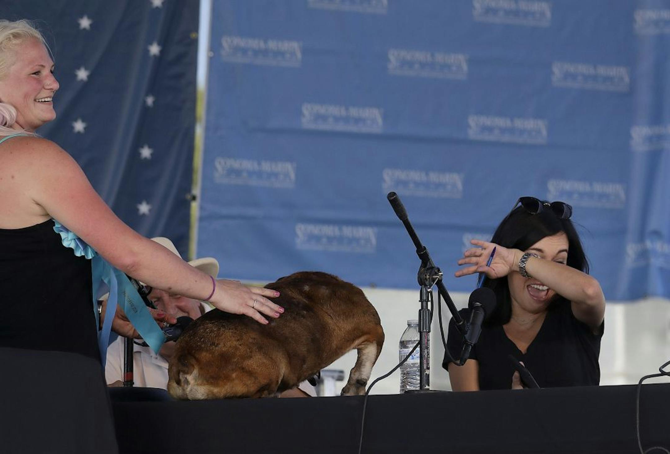 Judge Jo Ling Kent, right, reacts as Zsa Zsa, an English Bulldog, is shown to her by owner Megan Brainard, left, during the World's Ugliest Dog Contest at the Sonoma-Marin Fair in Petaluma, Calif., Saturday, June 23, 2018. Zsa Zsa won the contest.