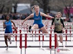 Minnetonka's Claire Kohler leads the girls 100 meter hurdles race to win with a time of 14.45 during the Hamline Elite Meet at Hamline University.