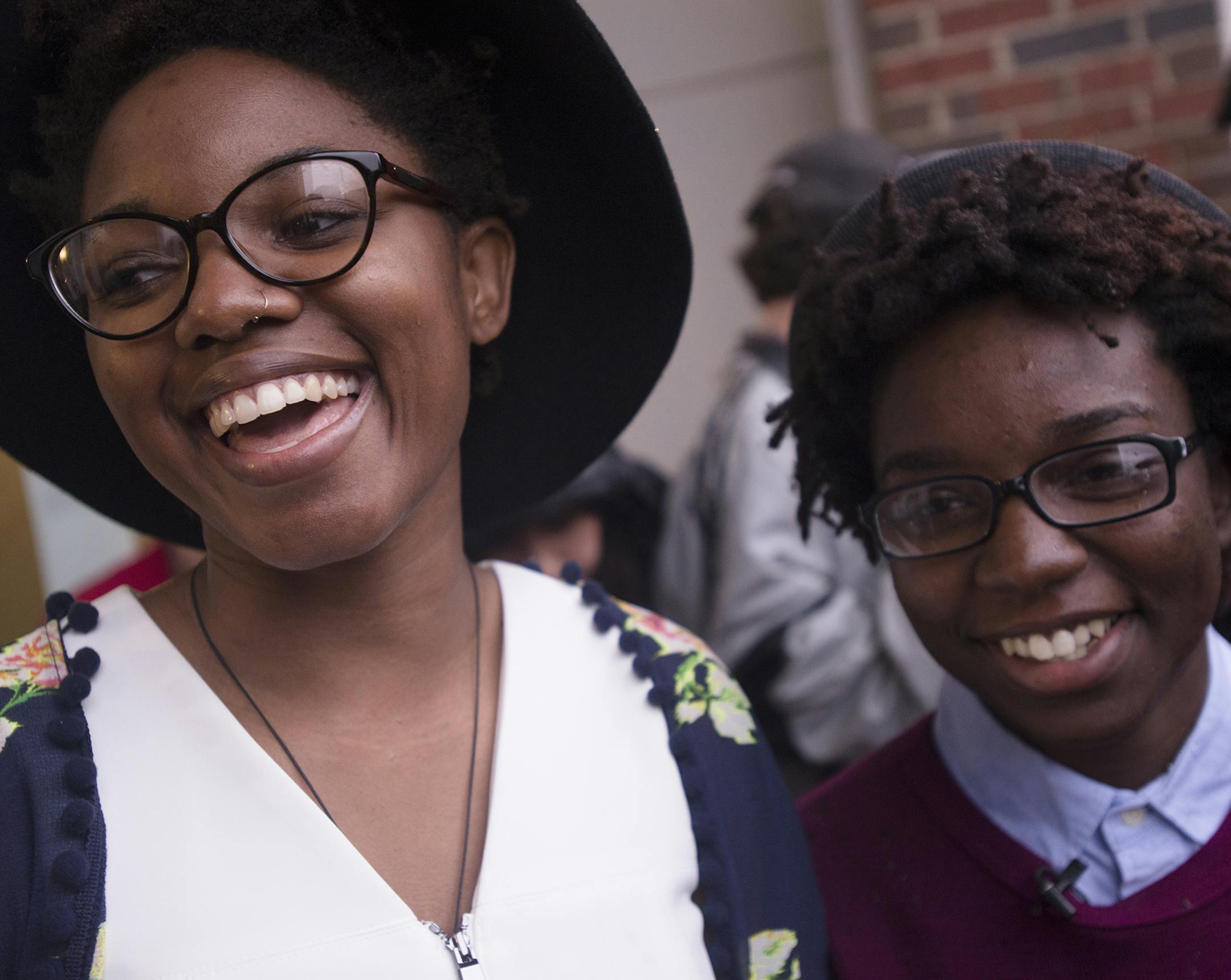 Tori Sisson, left, and ShantÈ Wolfe smile before getting their marriage license, Monday, Feb. 9, 2015, in Montgomery, Ala. Alabama began issuing marriage licenses to same-sex couples Monday despite an 11th-hour attempt from the state's chief justice to block the weddings. (AP Photo/Montgomery Advertiser Albert Cesare)