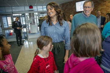 The first Latina mayor elected in Minnesota, Maria Regan Gonzalez, greeted students after she spoke to students at Richfield STEM Elementary Veteran's